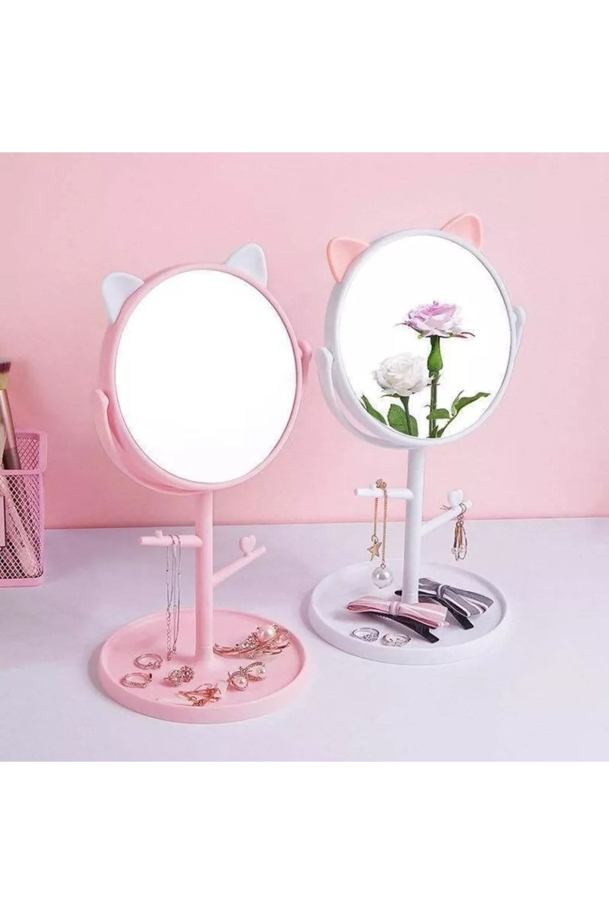 Alışverişhanem Kedi Kulaklı Masa Üstü Askılıklı Makyaj Aynası