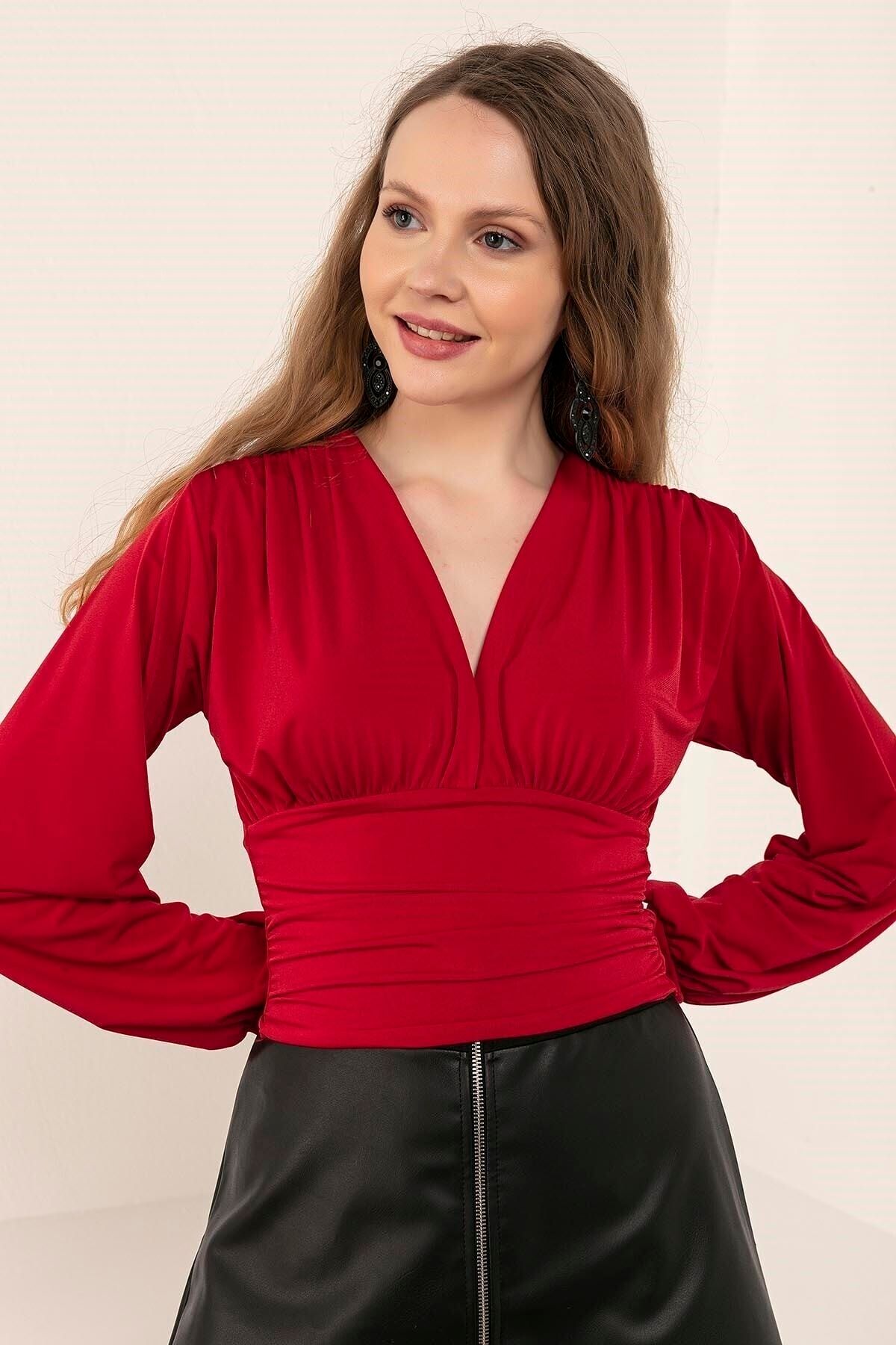 Kadın Modası Kadın Kırmızı V Yaka Büzgülü Candy Bluz