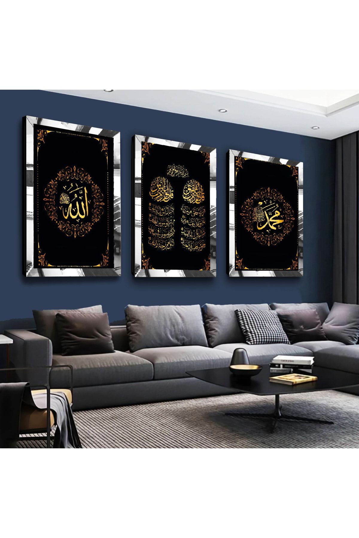 lra style's Allah Muhammed Lafzı Gümüş Pleksi Kenar 3'lü Mdf Tablo Seti