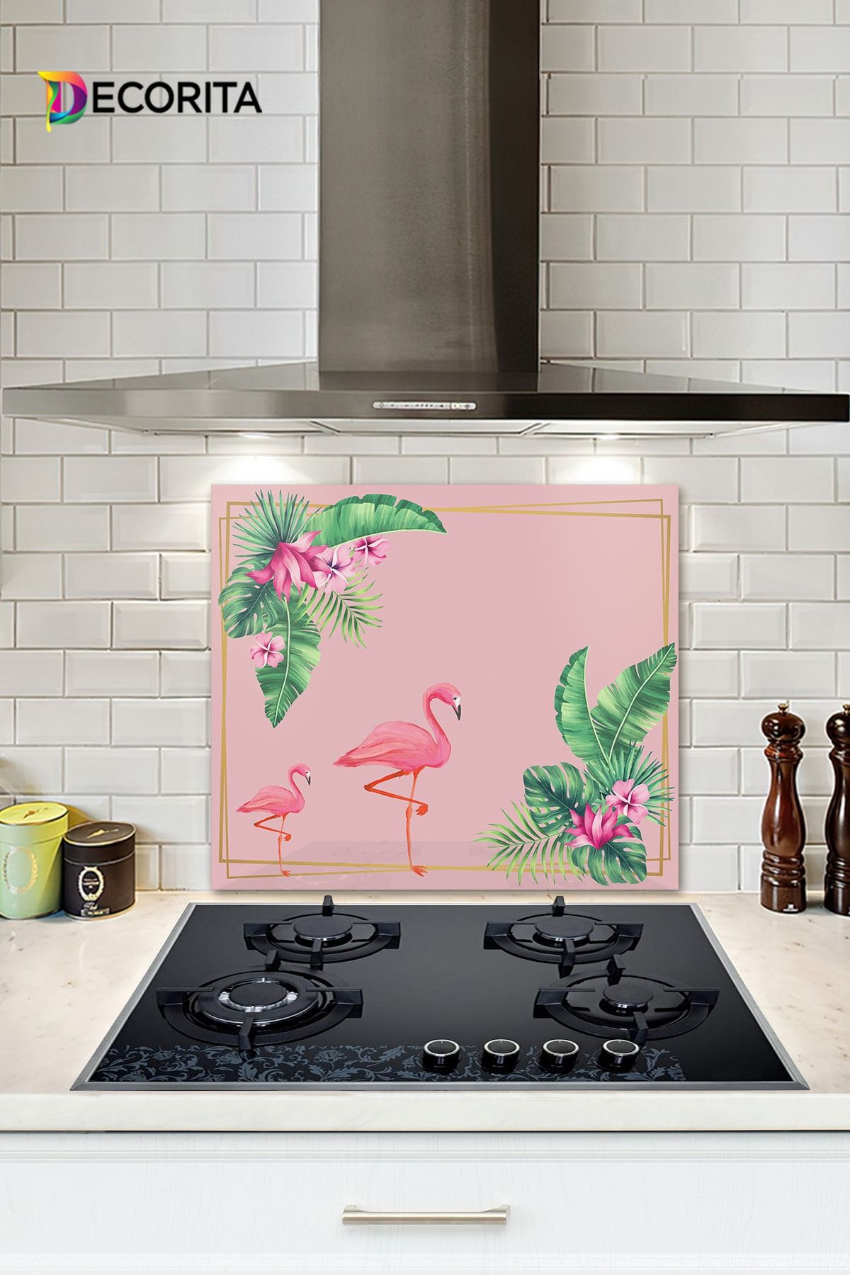 Decorita Cam Ocak Arkası Koruyucu | Tropik Yapraklar & Flamingo | 52cm X 60cm