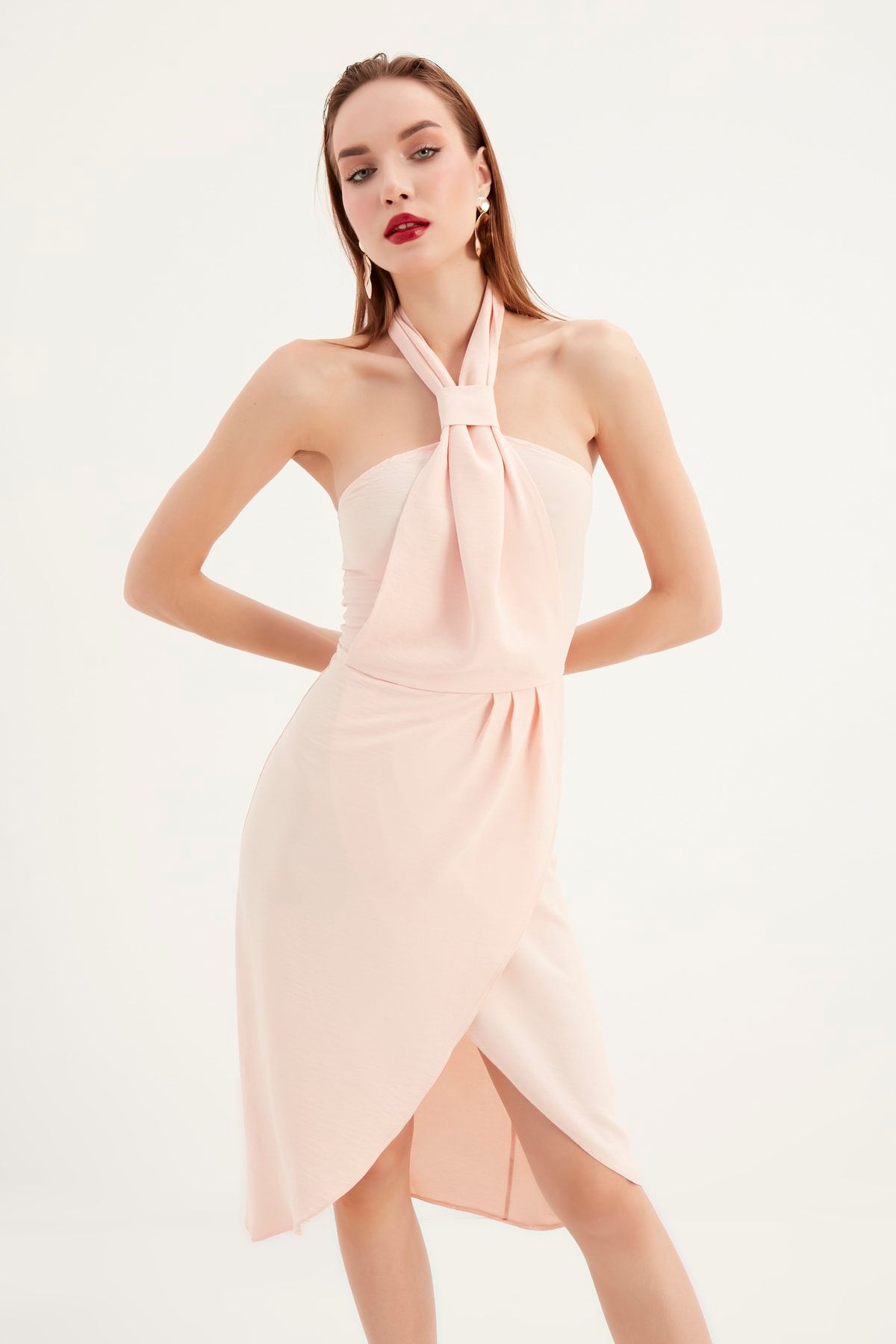 alpira Kadın Elbise -ayrobin Kumaş- Boyundan Bağlamalı Kravat Yaka - Kolsuz Tasarım Elbise M0014p