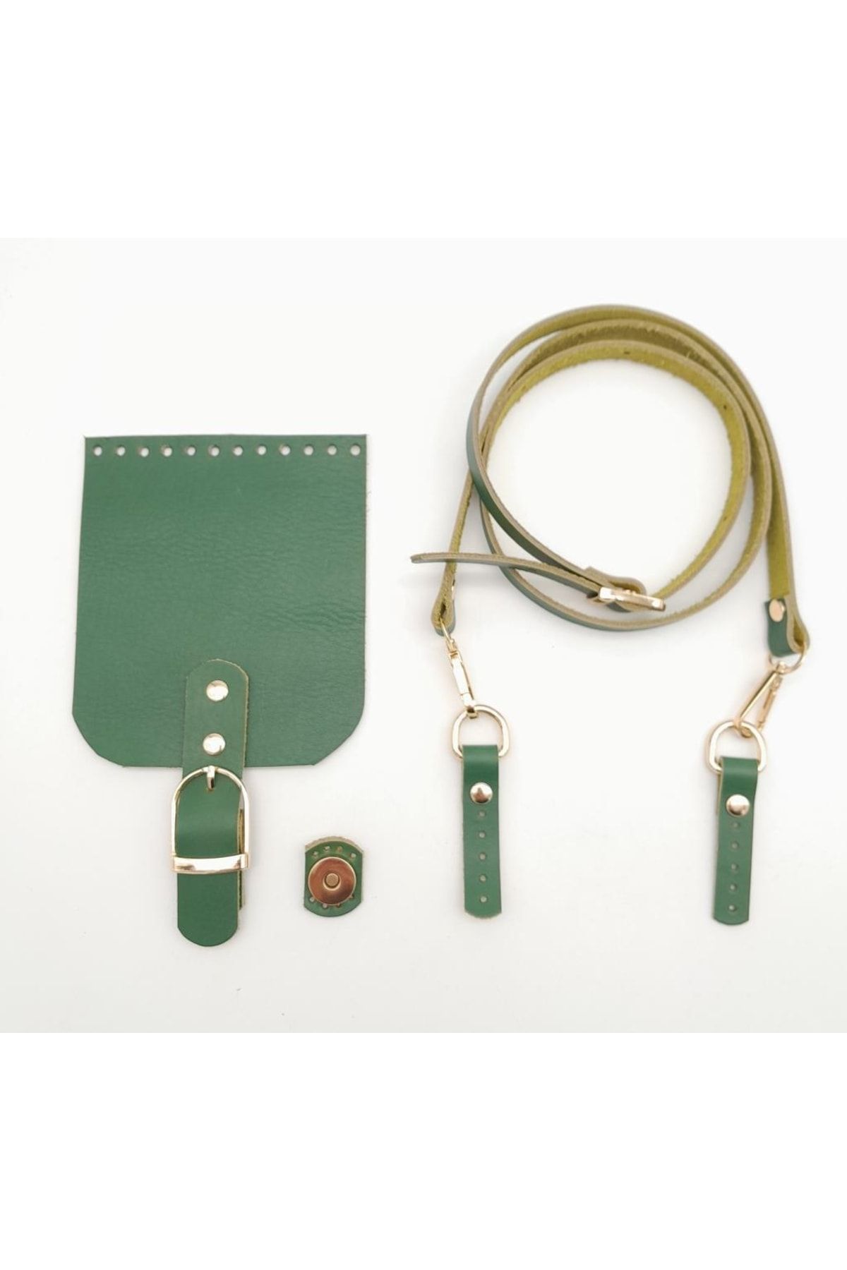 angel çanta aksesuar Yeşil Gerçek Deri 130x1.5 Cm Ayarlı Saplı Çanta Seti Light Gold Metalli