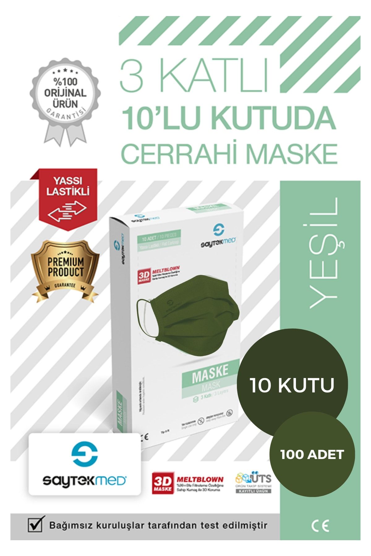 SAYTEKMED Meltblown Filtreli 3 Katlı Yassı Ipli 10'lu Pakette Haki Yeşil Maske (100 Adet/10 Kutu)