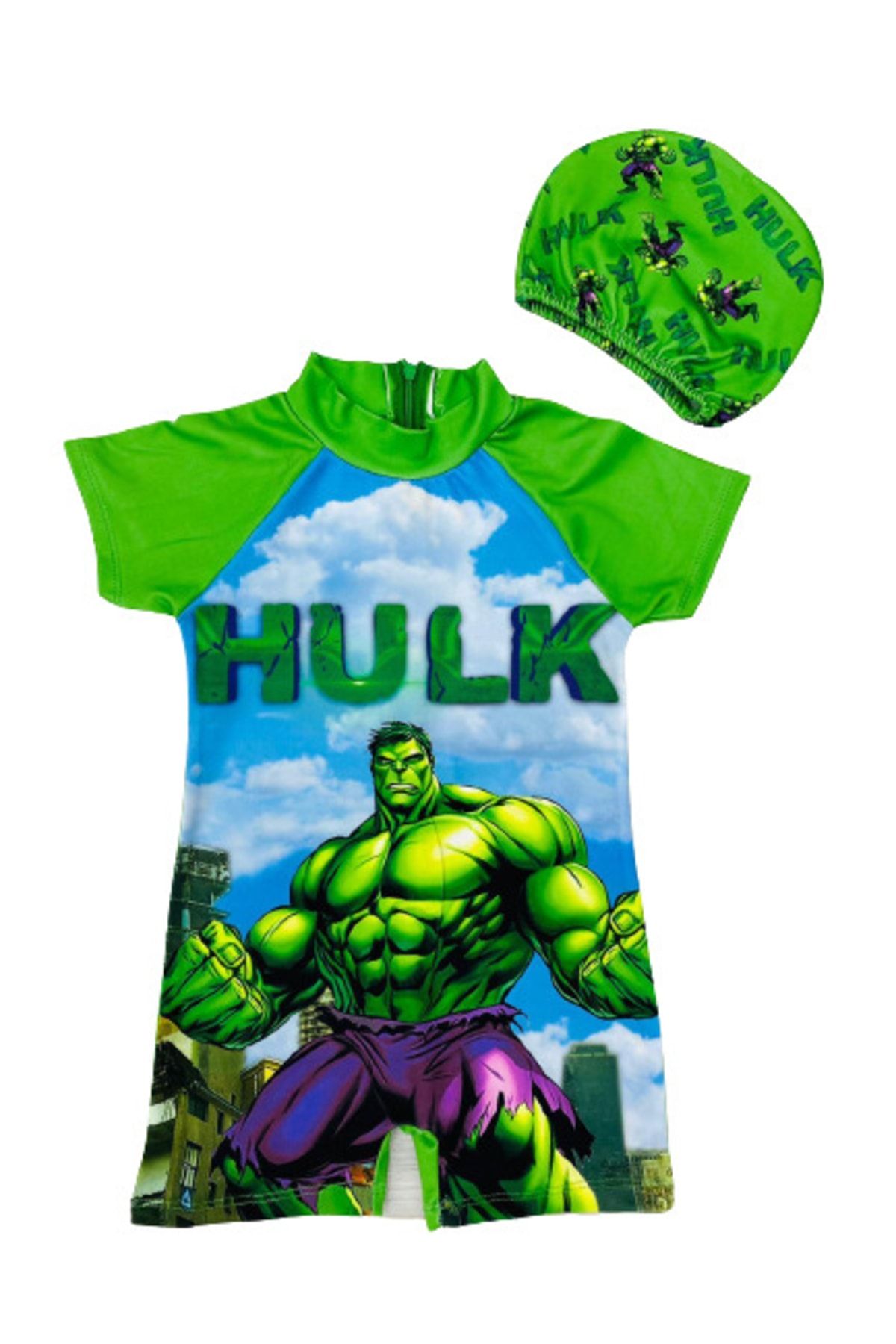 Lolliboomkids Erkek Çocuk Yeşil Dev Avengers Hulk Temalı Hassas Ten Kısa Kol Şort Hipster Mayo Takımı