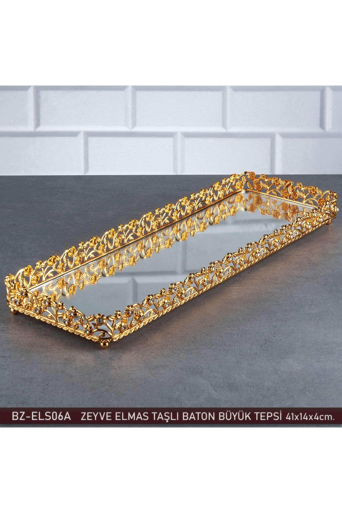 Zeyve Home Elmas Baton Kulpsuz Tepsi Aynalı Metal Jardinyer Çikolata Tepsisi Büyük Altın