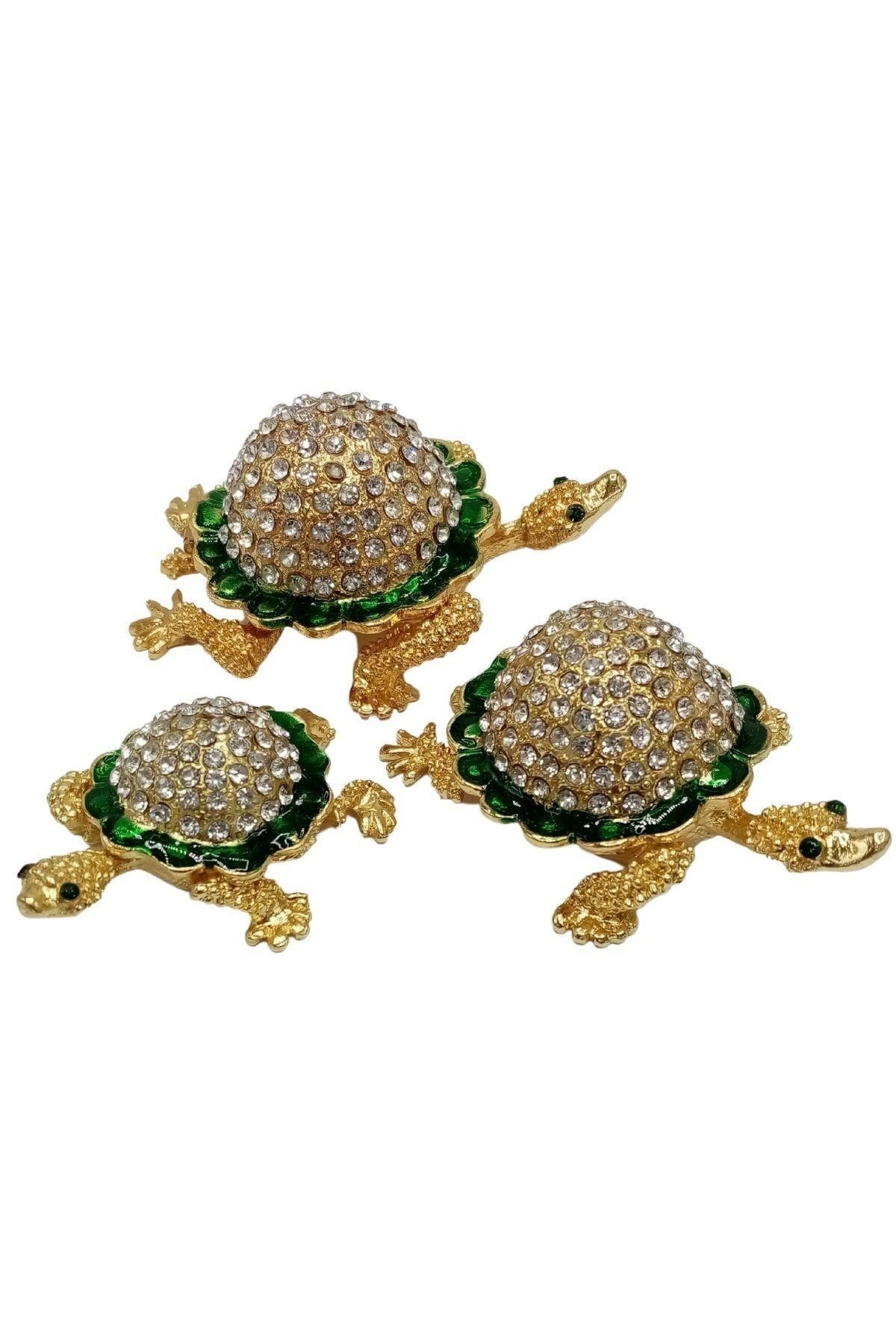 Dünyadan Hediyeler Swarovski Taşlı Yeşil Kaplumbağa Mücevher Kutusu Üçlü Set