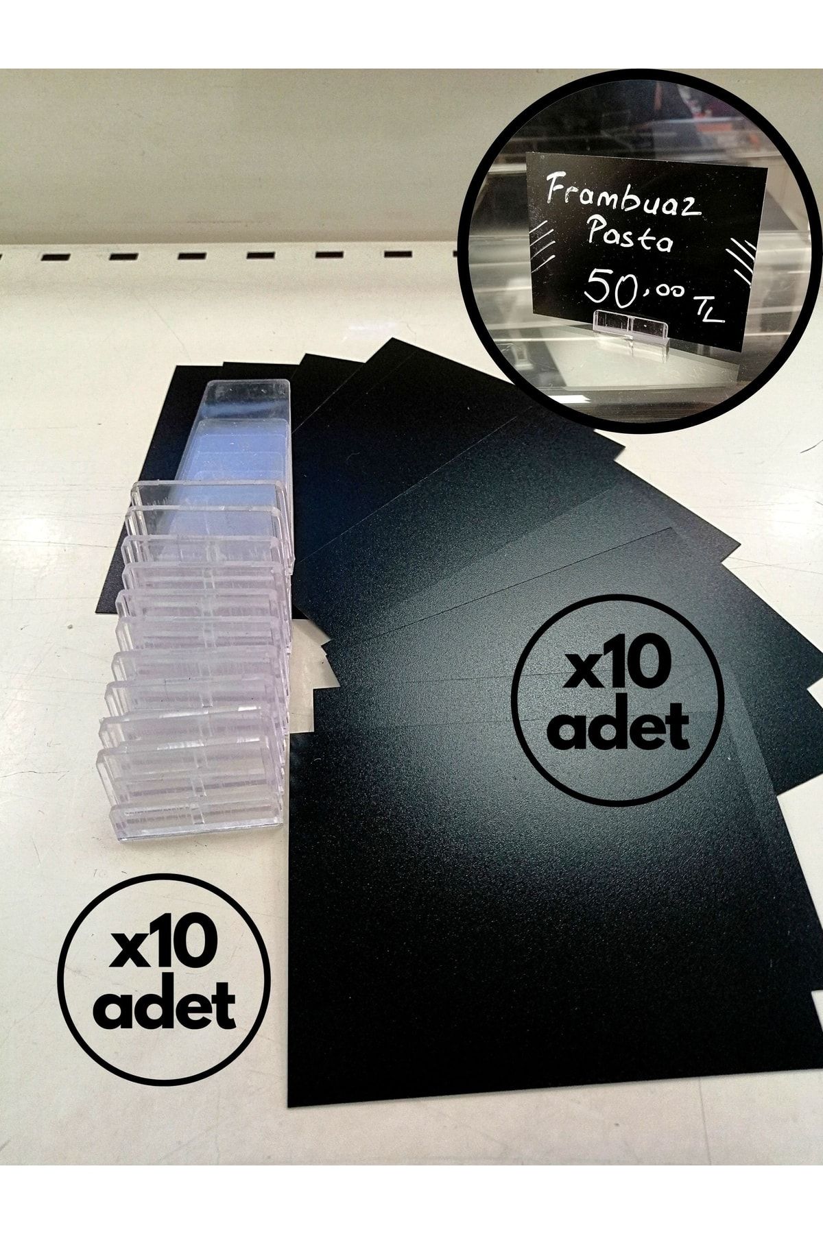 Özfiliz Mağaza Ekipmanları 10lu Dekoratif Fiyat Etiket Seti Siyah Pvc A7 Etiket & Açılı Etiket Tutucu, Ürün Teşhir Etiketlik