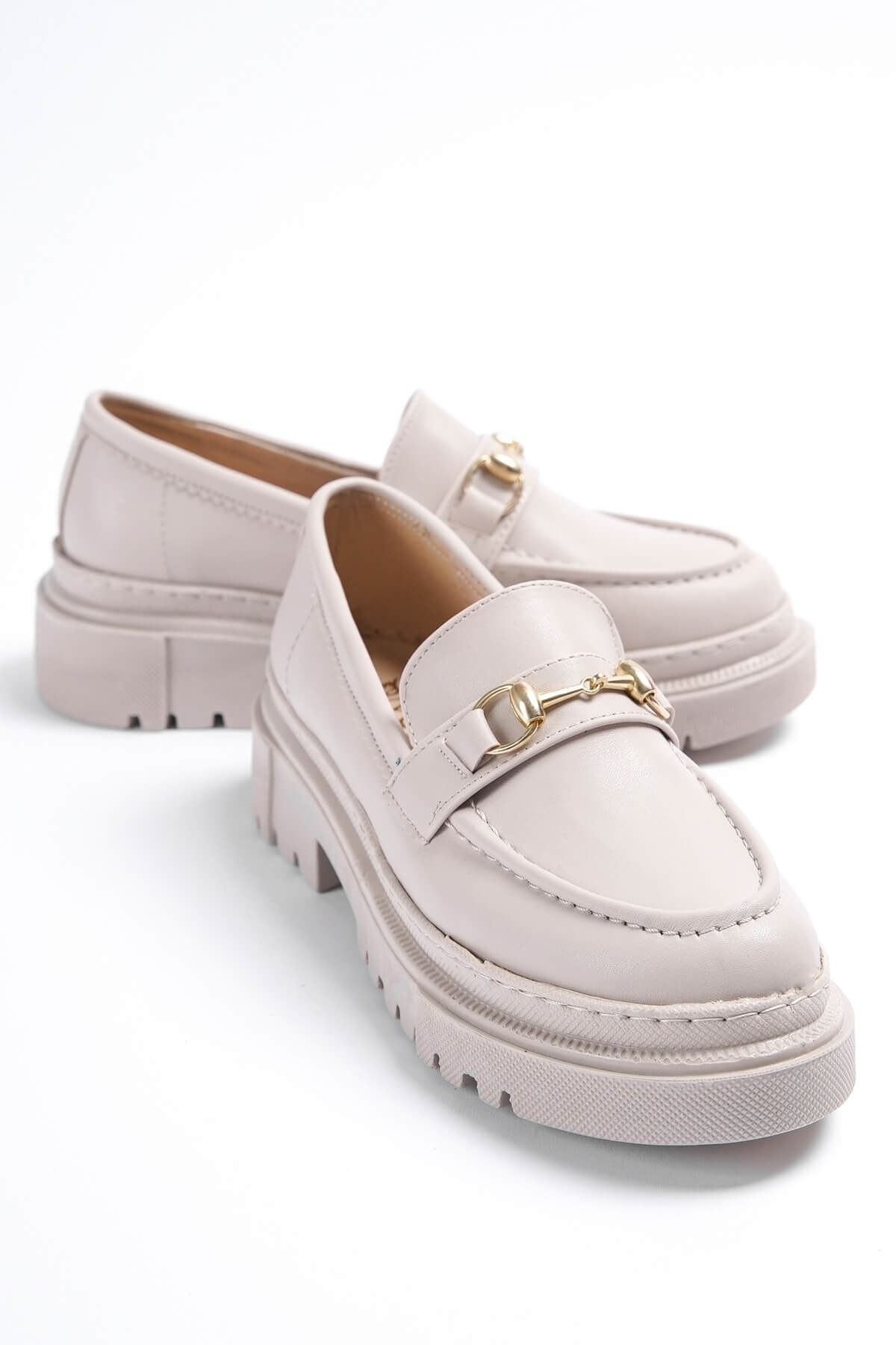 DİVOLYA Ferrera Bej Gold Tokalı Deri Günlük Kullanım Loafer Kadın Ayakkabı