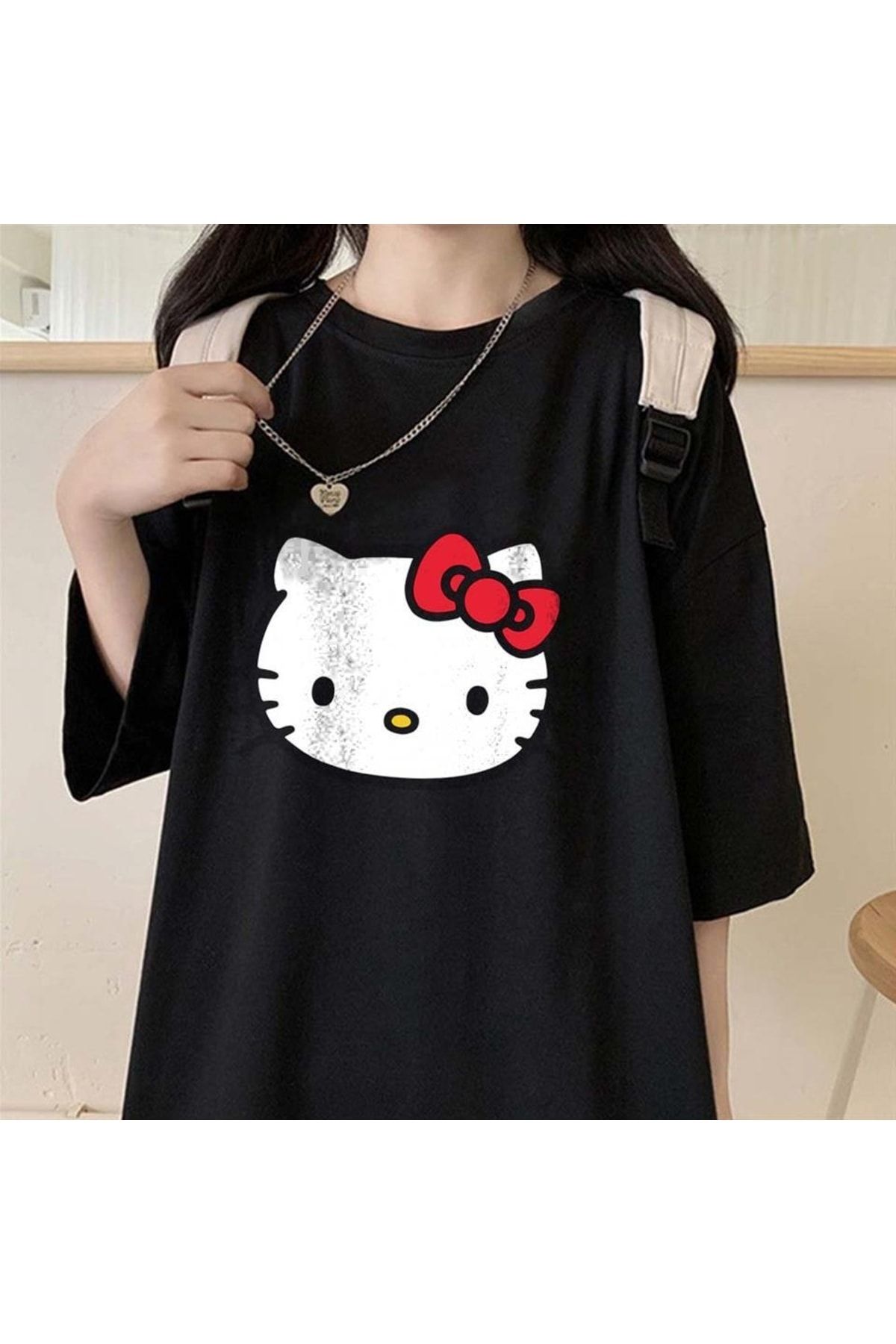 Touz Satu Moda & Hello Kitty Baskılı Siyah Unisex Oversize T-shirt