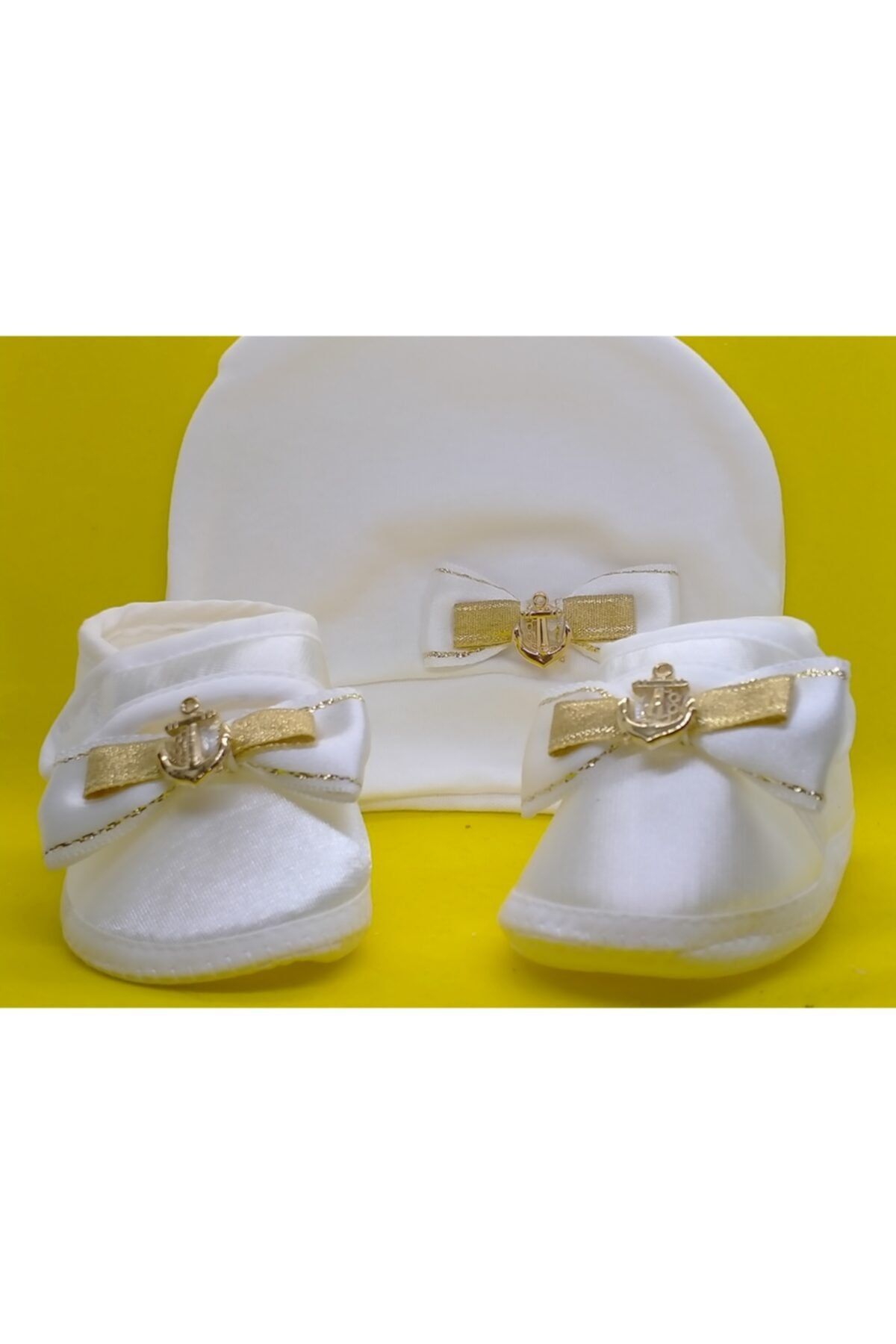 BUKAWEAR Erkek Bebek Ekru Yeni Doğan Ayakkabı Şapka 2'li Set Takım