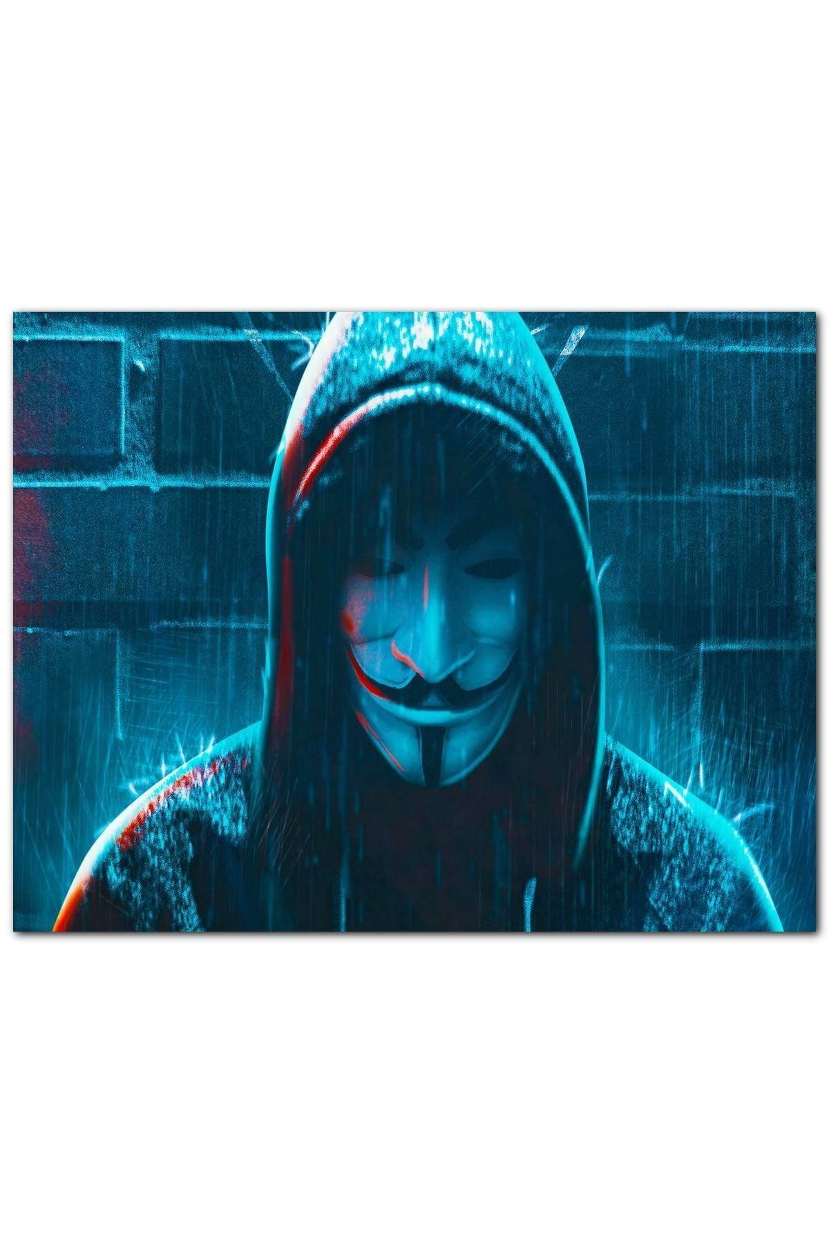 Cakatablo Ahşap Tablo Hacker Anonymous Maskeli Yağmur Altında (25x35 Cm Boyut)