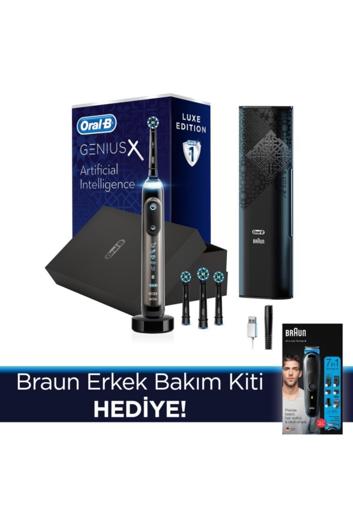 Oral-B Genius X Aı Luxury Antrasit Şarj Edilebilir Diş Fırçası + Braun Erkek Bakım Kiti