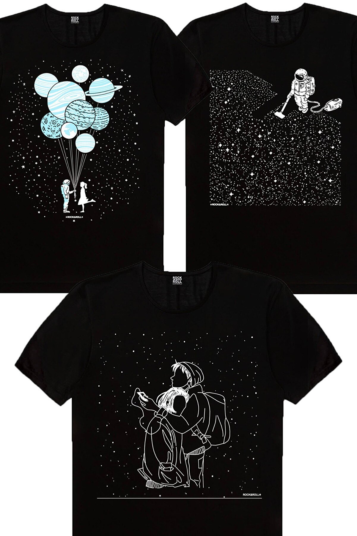 ROCKANDROLL Kadın Siyah Balon Gezegeneler Süpürgeli Astronot Grafitici Astronot 3'lü Eko Paket T-shirt