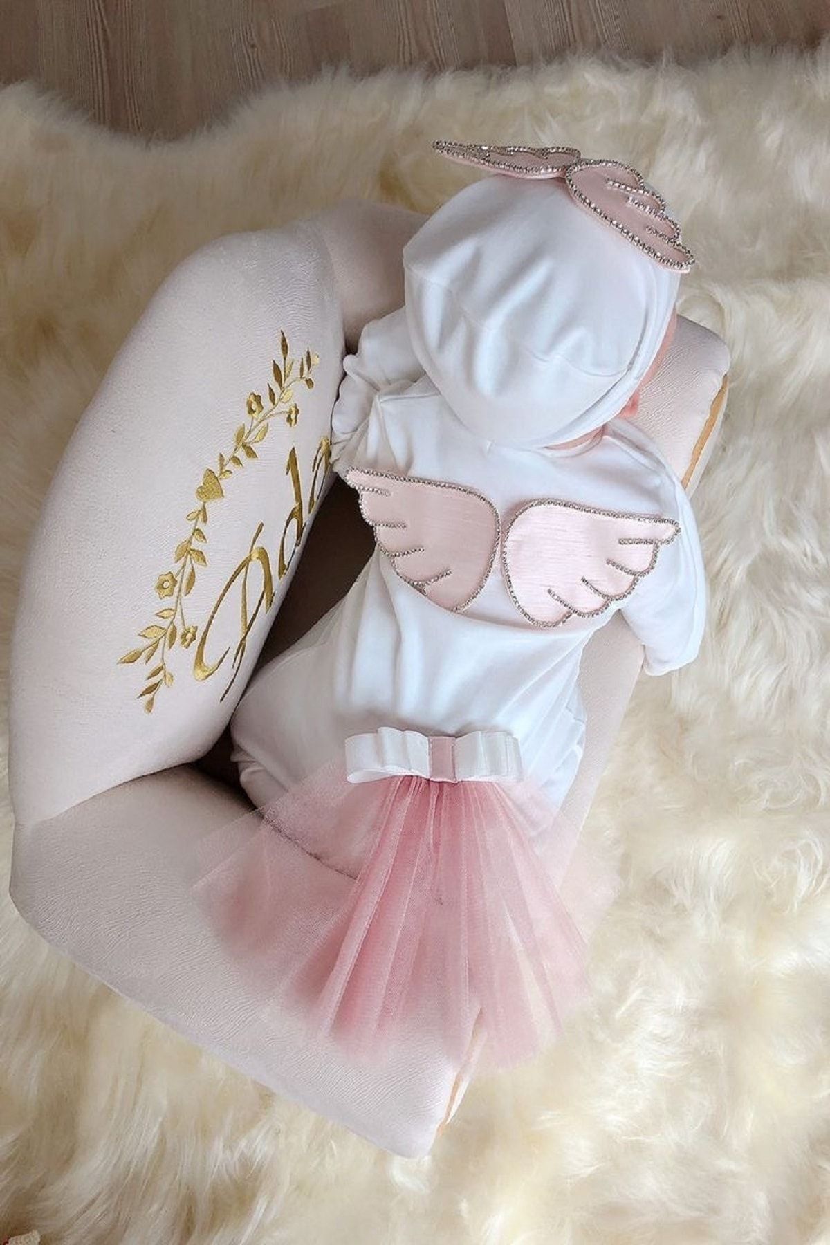 AngelButik Kız Bebek Pudra Taşlı Tütülü Melek Tulum