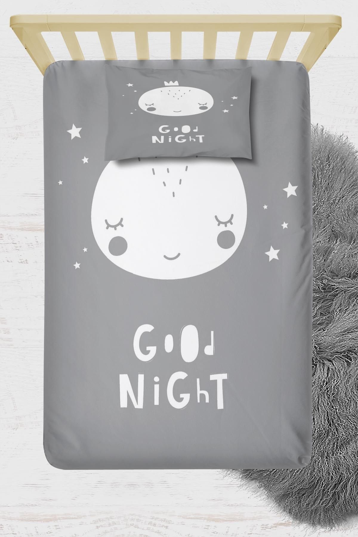 Osso Halı Gri Beyaz İyi Geceler Çocuk 3d Desenli Lastikli Tek Kişilik Çocuk Çarşaf Takımı 90x190cm