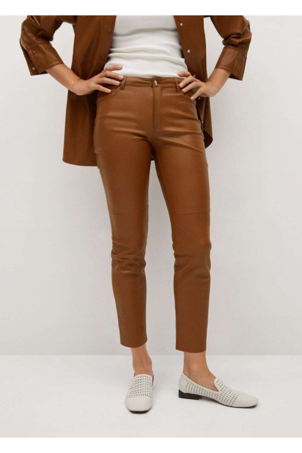 MANGO Kadın Kahverengi Dikiş Detaylı Dar Kesim Pantolon