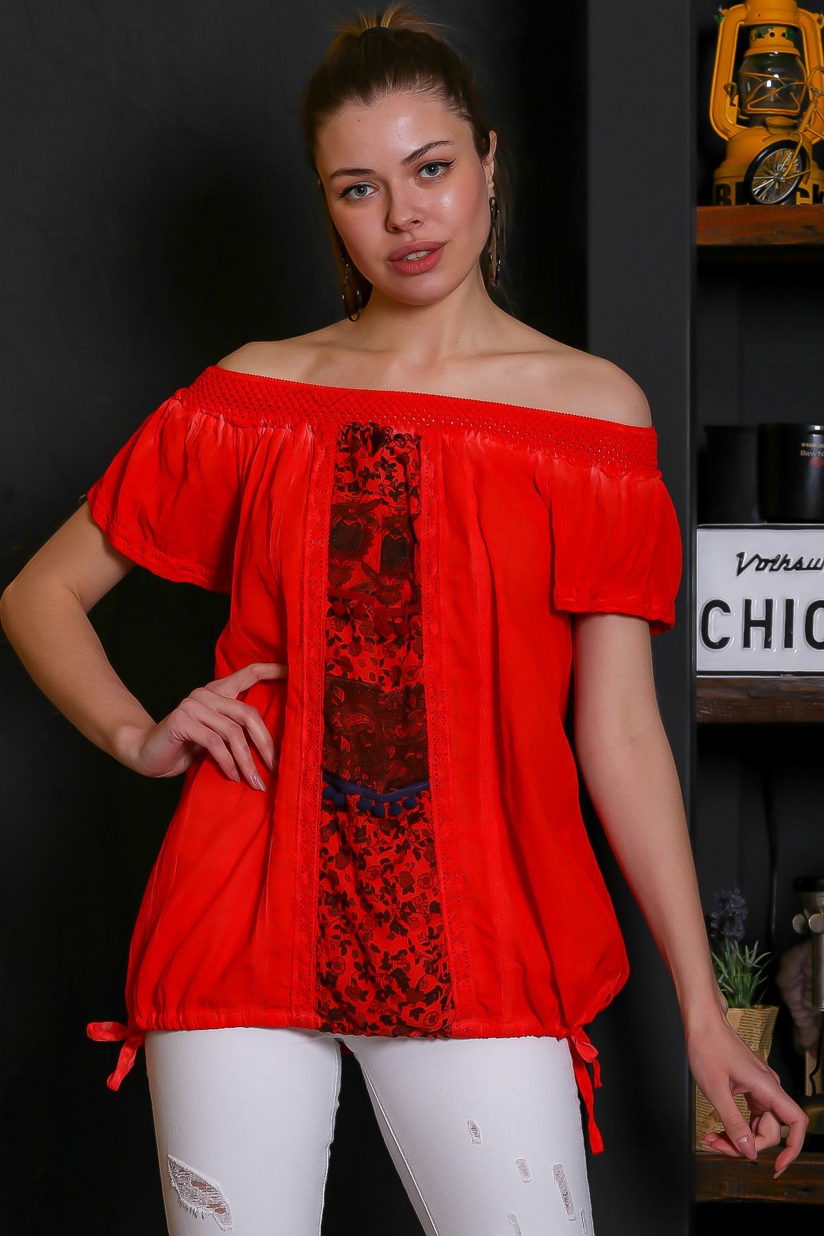 Chiccy Kadın Mercan Carmen Yaka, Blok Ve Yanları İp Bağlama Detaylı, Yıkamalı Bluz M10010200BL95529
