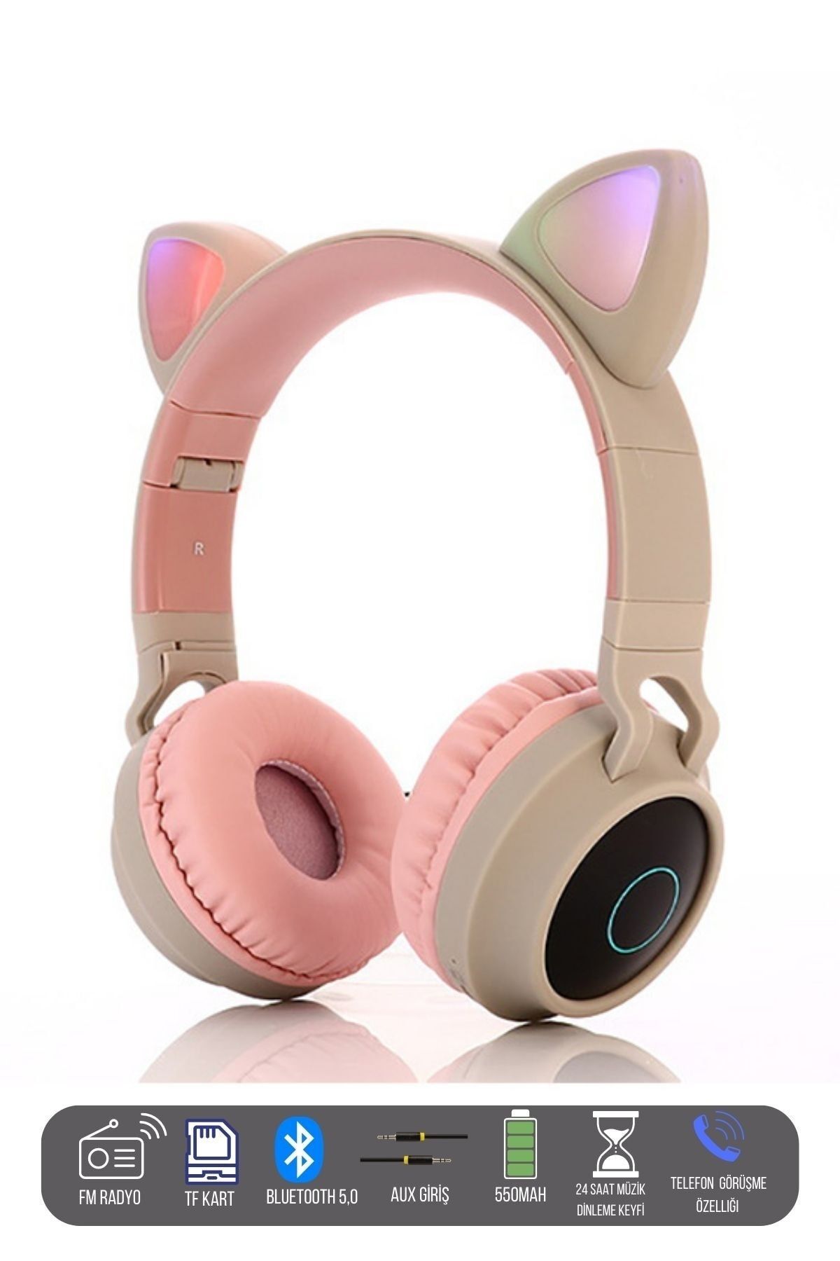 T G Kedi Kulaklık Kulak Üstü Kulaklık Kablosuz Bluetooth Kulaklık Renkli Led Işık Mikrofonlu Aux/sd Kart