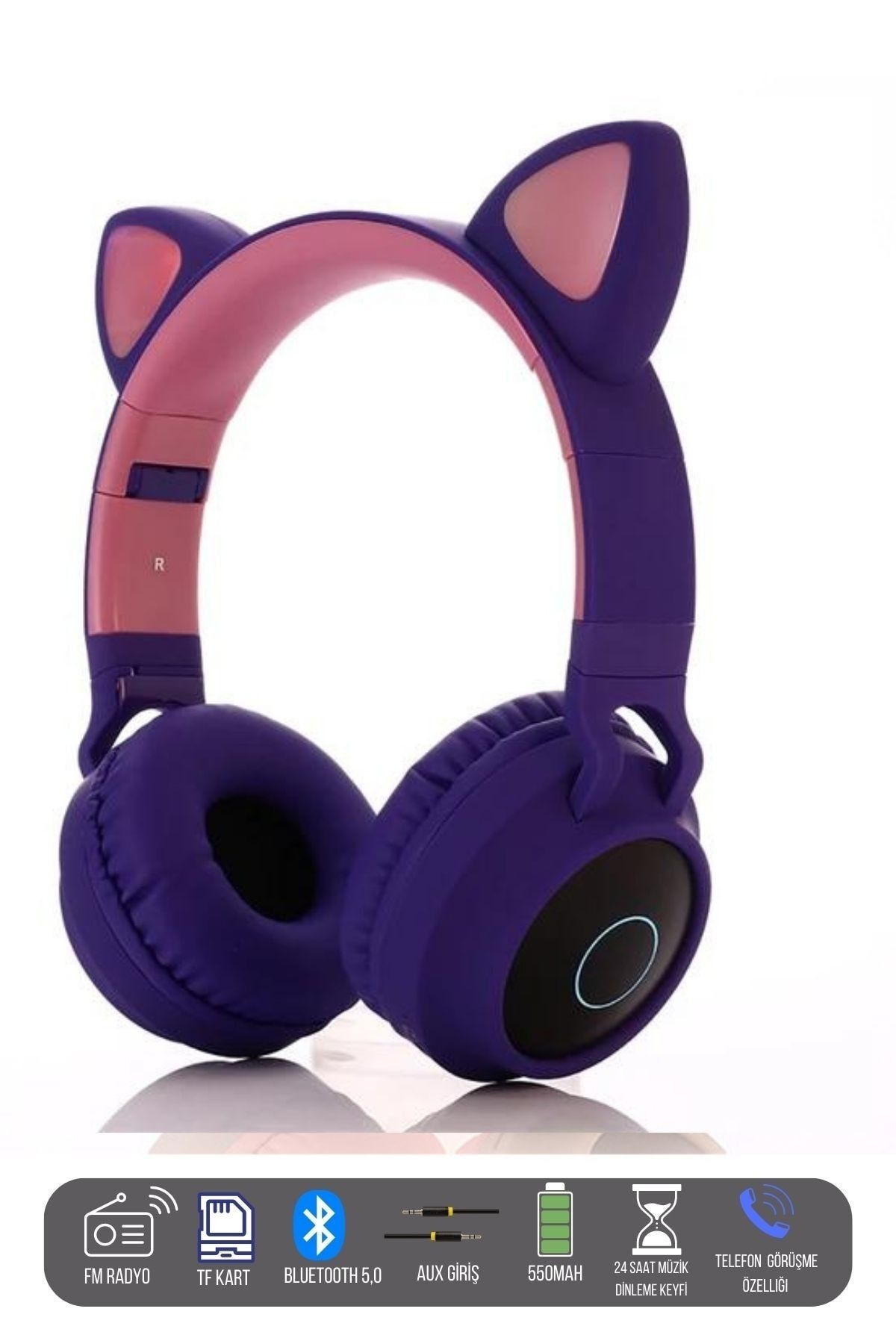 T G Bluetooth Kedi Kulaklık Kulak Üstü Kulaklık Kablosuz Kulaklık Renkli Led Işık Mikrofonlu Aux/sd Kart