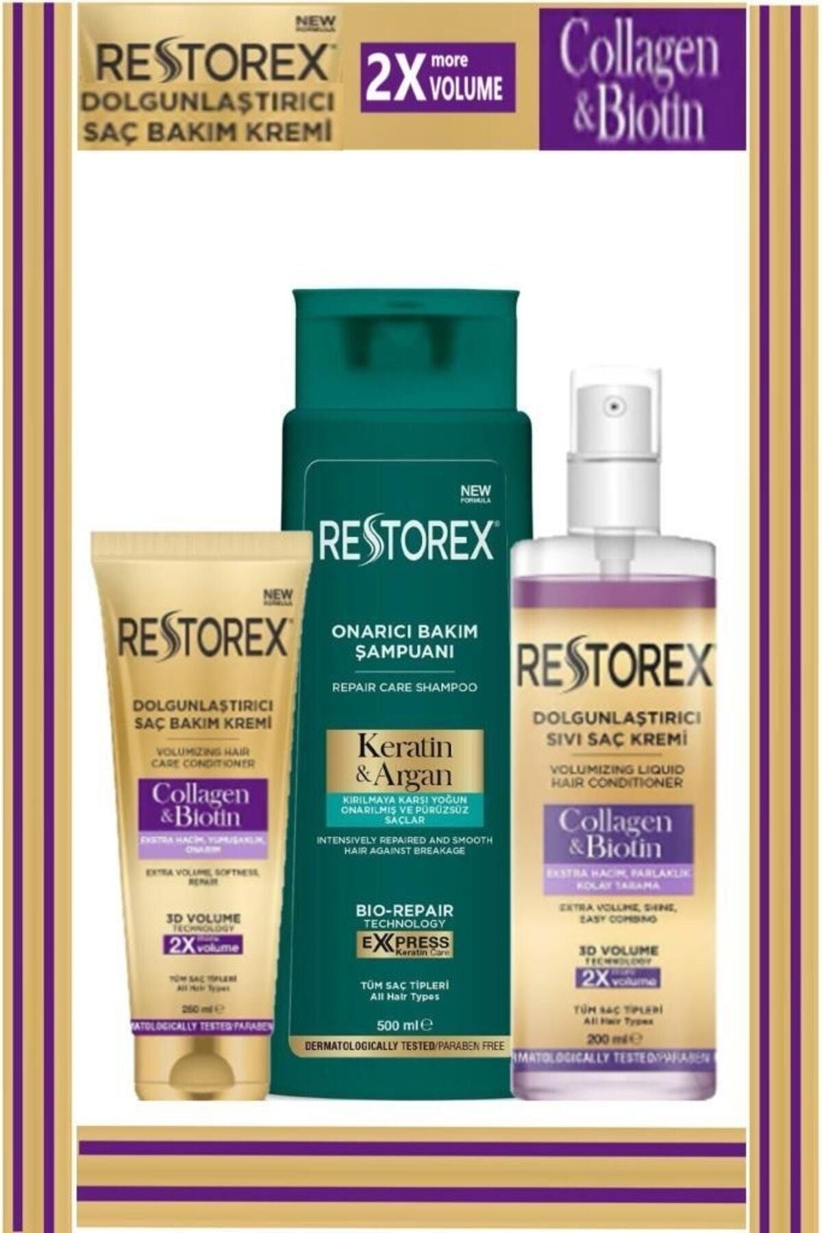 Restorex Keratin&argan Şampuan 500 Ml&collagen&biotin Dolgunlaştırıcı 3'lü Saç Bakım Seti