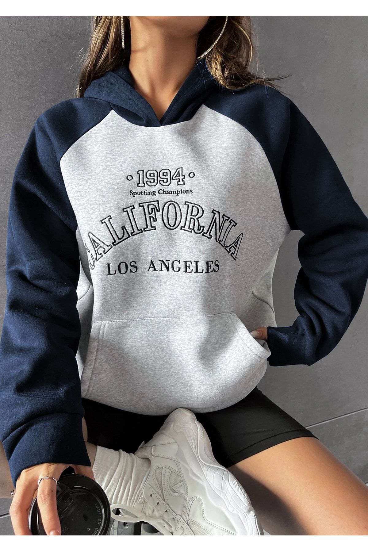 DE PLEIN California Oversize Kadın Baskılı Lacivert Kapüşonlu Sweatshirt