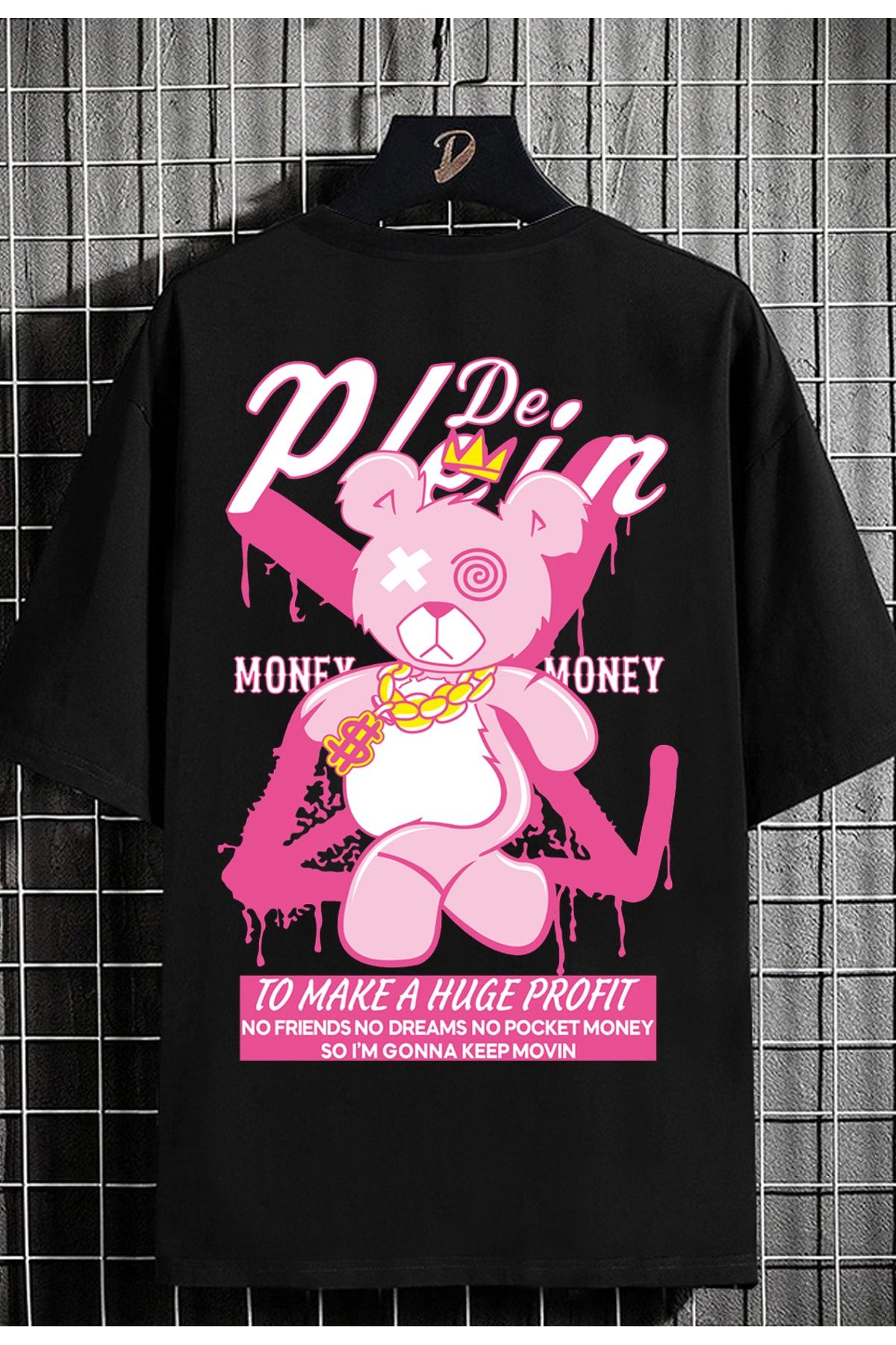DE PLEIN Oversize Unisex Money Money Baskılı Siyah % 100 Pamuk T-shirt
