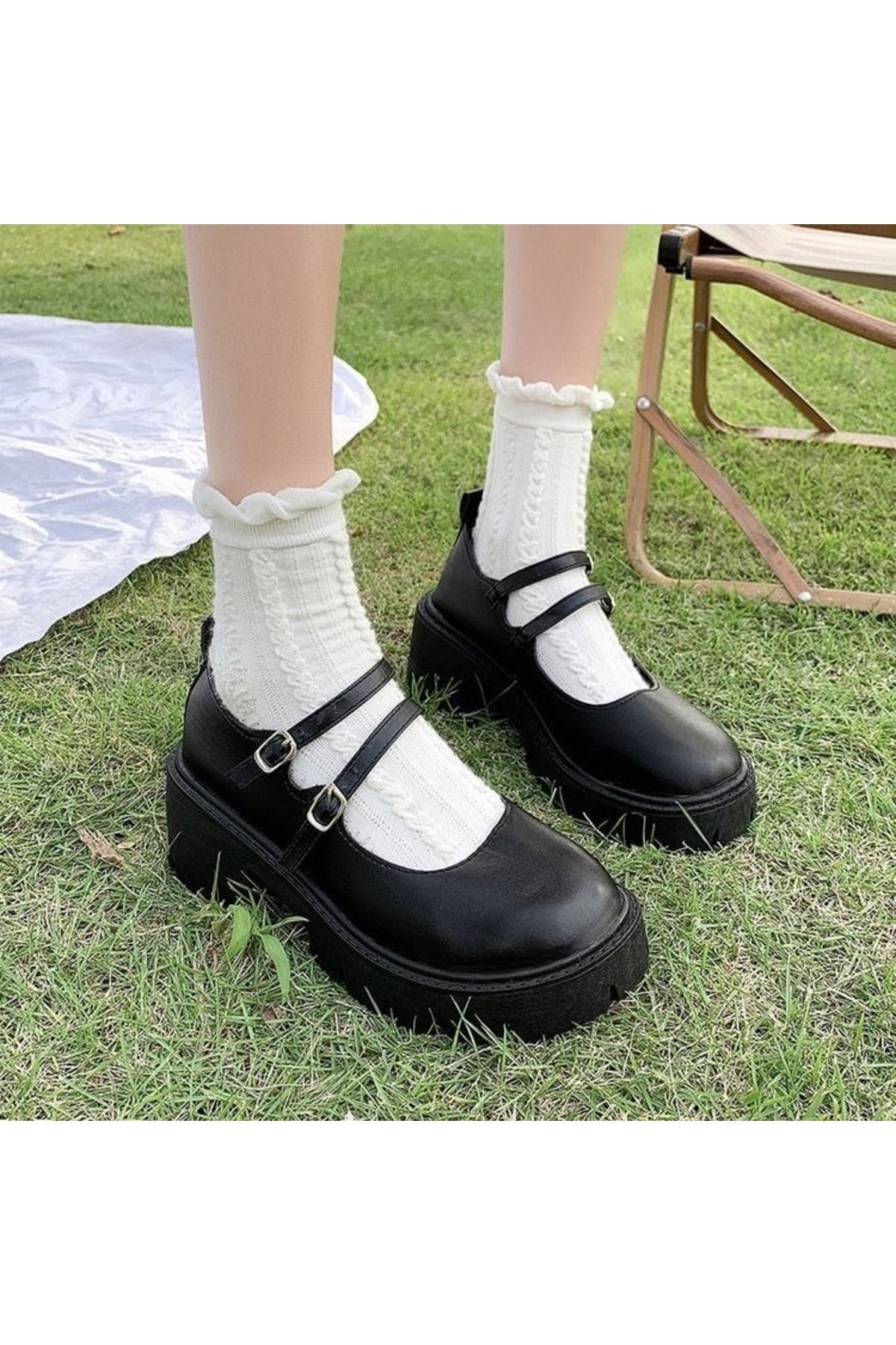 DENİKK Siyah Oxford Harajuku Çift Tokalı Tarz Lolita Ayakkabı