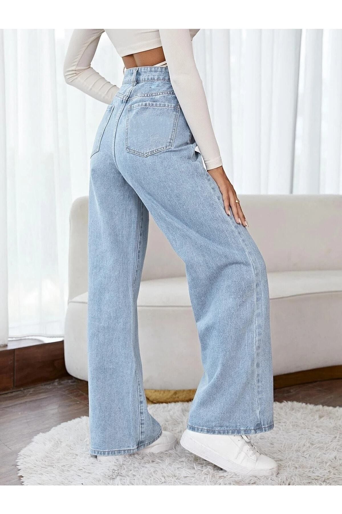LİMABEL Rebecca Mavi Likralı Yüksek Bel Wide Leg Salaş Geniş Paça Kot Pantolon