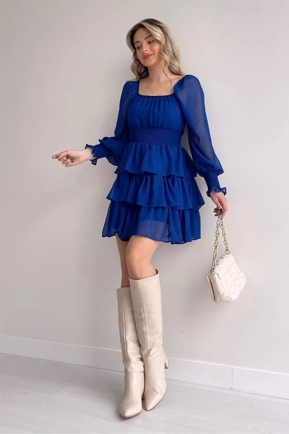 lovebox Kadın Eteği Kat Detaylı Astarlı Şifon Kumaş Mavi Abiye Elbise 078