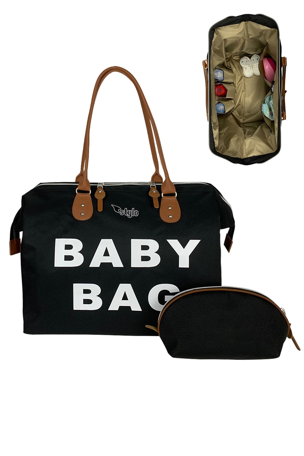 Stylo Baby Bag Baskılı Takım Anne Bebek Bakım Omuz Çantası- Siyah