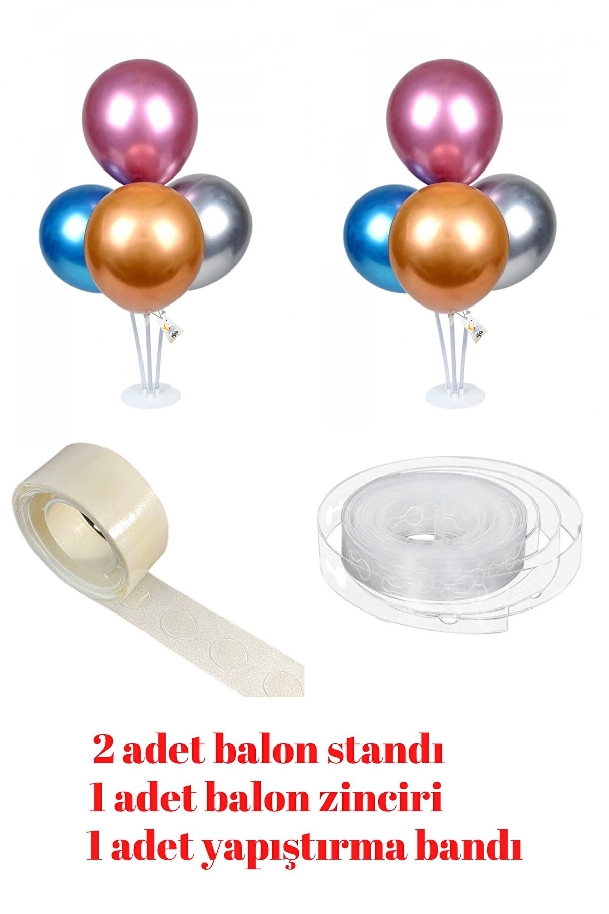Dekozoni 2 Adet 4'lü Balon Standı & Balon Zinciri & Balon Yapıştırma Bandı & Doğum Günü Parti Süsleme Seti