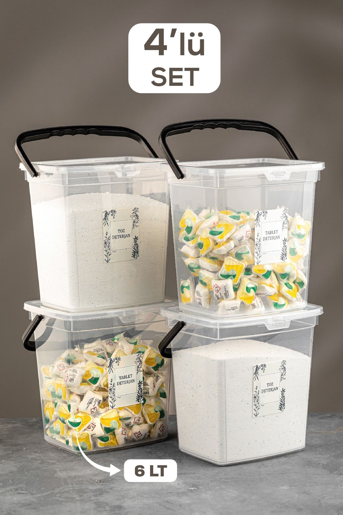 Meleni Home 4'lü Set Etiketli Kapaklı Deterjan Saklama Kabı - Taşınabilir Tablet Deterjan Saklama Kutusu Şeffaf