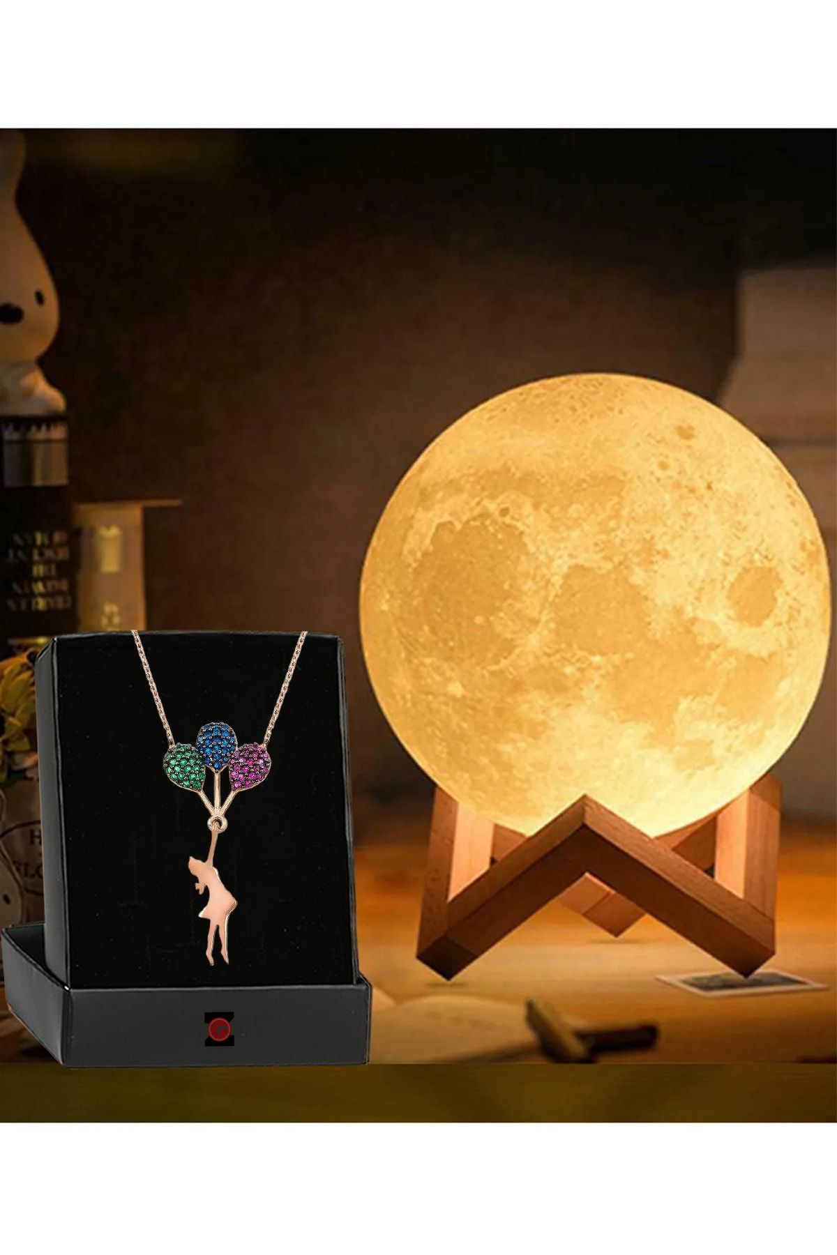 Zemtigo 3d Ahşap Standlı Ay Gece Lambası Dekoratif Küre Led Hediye Uçan Balonlu Kız Kolye
