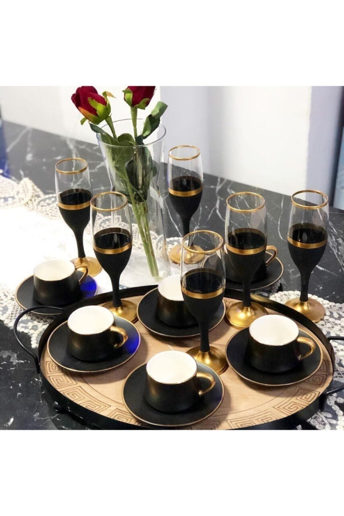 Paşabahçe El Dekorlu Siyah Gold İşlemeli 6 Kişilik Kahve Yanı Su Bardağı, Çeyizlik, hediyelik Set