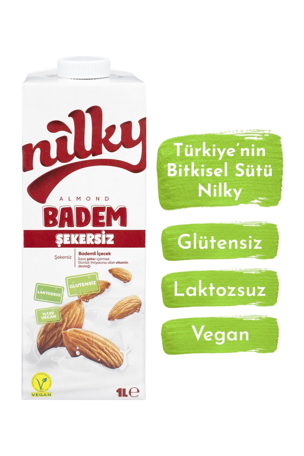 NİLKY Şekersiz Badem Sütü Glütensiz Bitkisel Bazlı Laktosuz Vegan 1 Lt