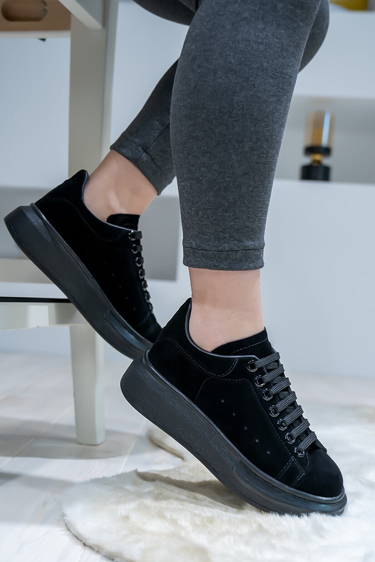 Blyss Unisex Siyah Süet Kalın Taban Süet Sneaker Ayakkabı