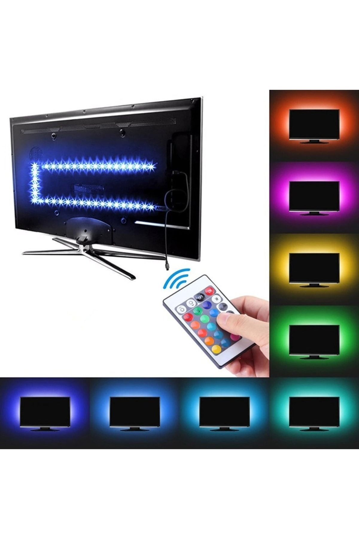 Ema Dükkan Tv Monitör Arkası 2 Metre Kumandalı 3 Çipli Rgb Şerit Led Iç Mekan Led Animasyonlu Rgb Şerit Led