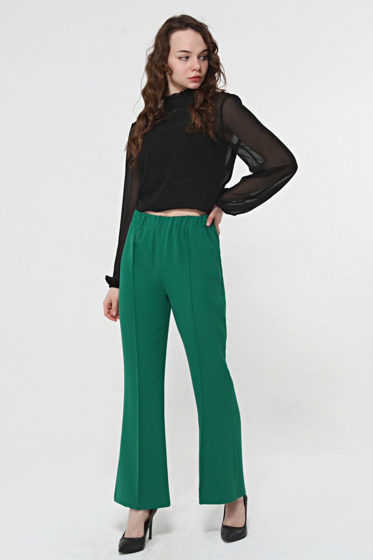 MD trend Kadın Yeşil Beli Lastikli Önü Dikiş Detaylı Ispanyol Paça Pantolon