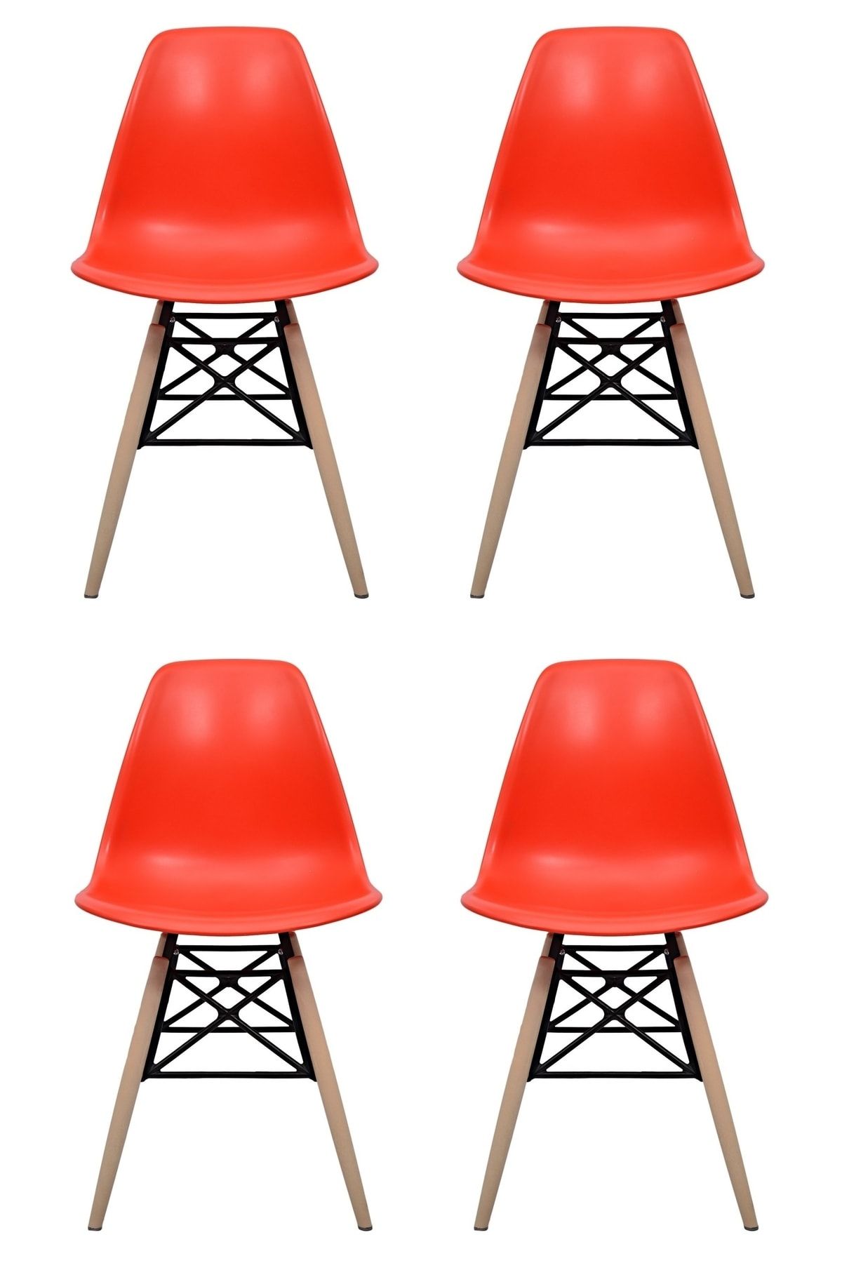 Dorcia Home Eames Kırmızı Plastik Kafesli Sandalye - 4 Adet - Cafe Balkon Mutfak Sandalyesi
