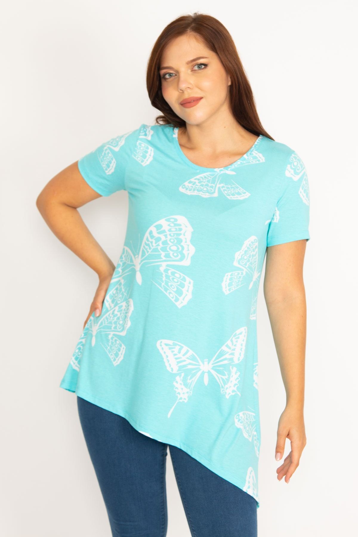 Şans Tekstil Kadın Mavi Kelebek Desenli Bluz 26a34775