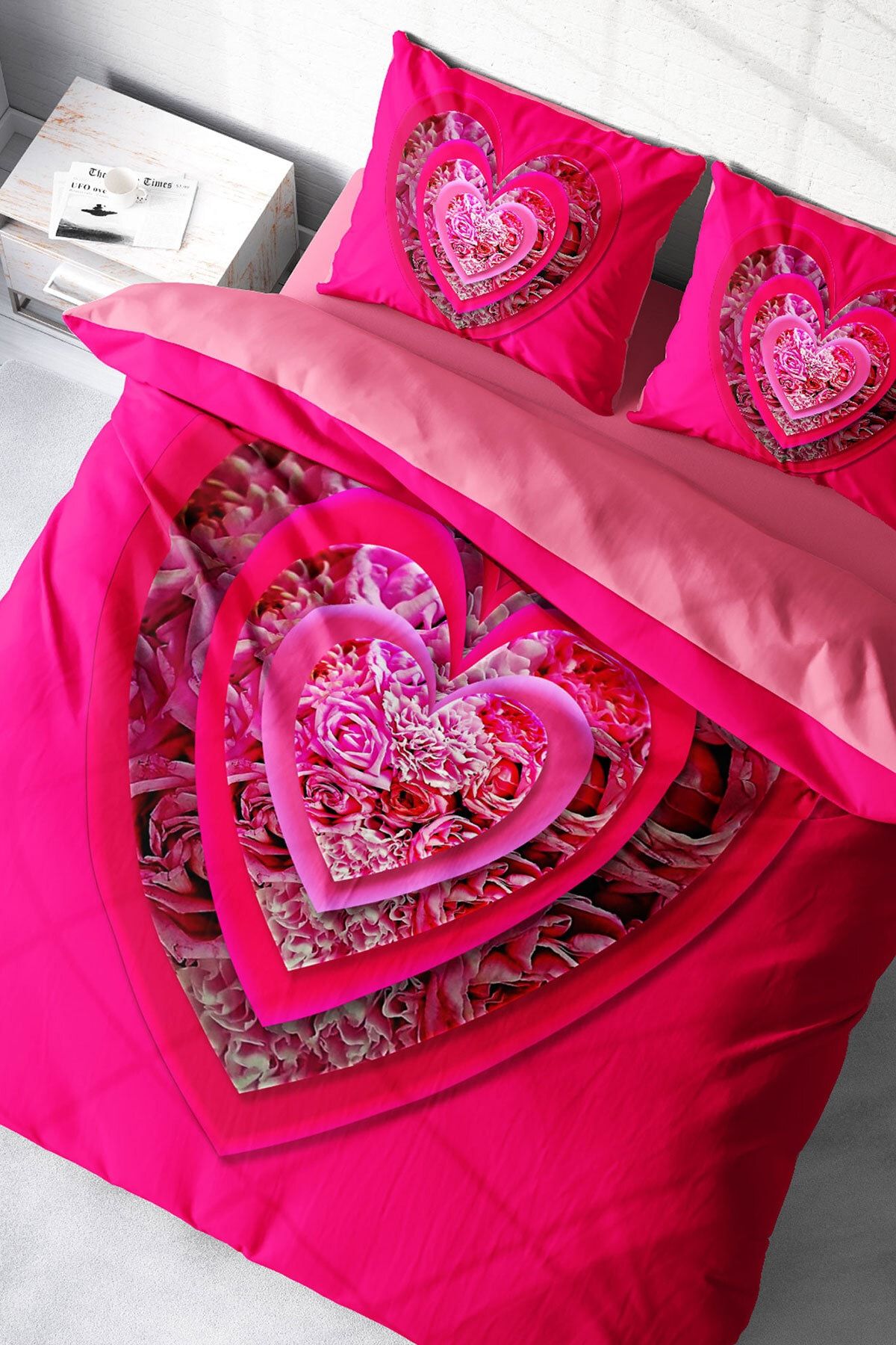PerlaSera Çift Kişilik Nevresim Seti Sık Dokuma Pamuk Saten 3d Özel Tasarım Pink Valentine (çarşafsızdır)