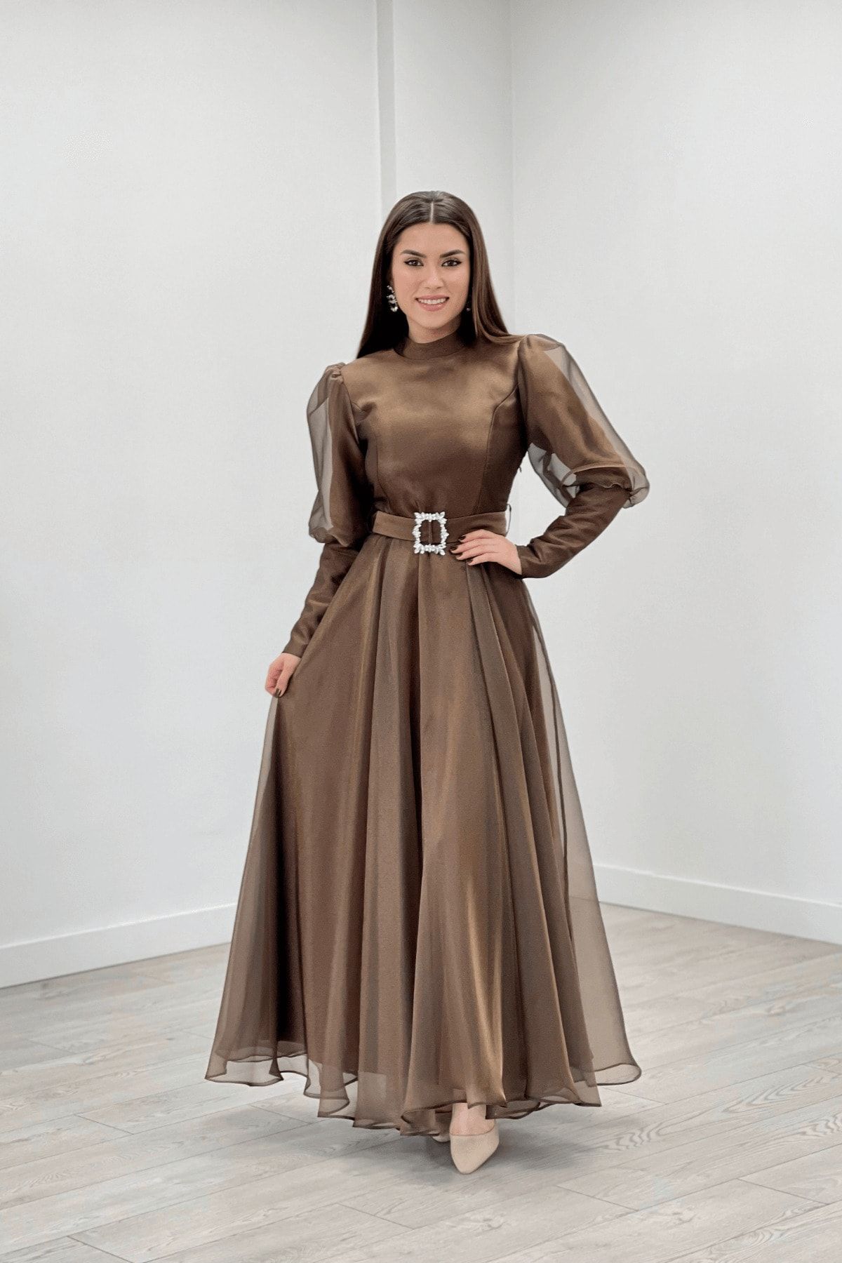 giyimmasalı Ithal Organze Krep Kumaş Abiye Elbise - Kahverengi