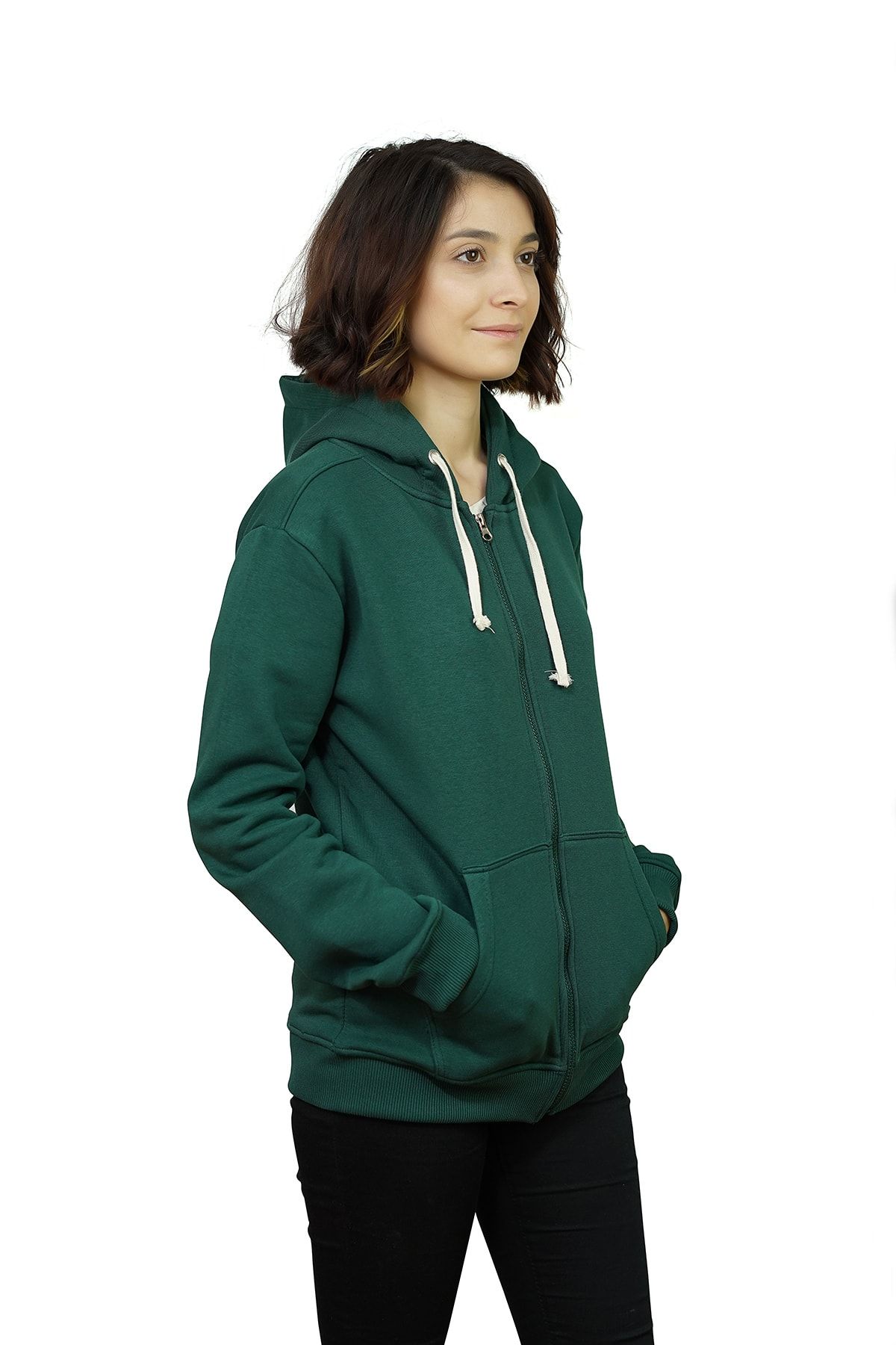 OG Casual Yeşil Fermuarlı Üç Iplik Şardonlu Kapüşonlu Kadın Sweatshirt