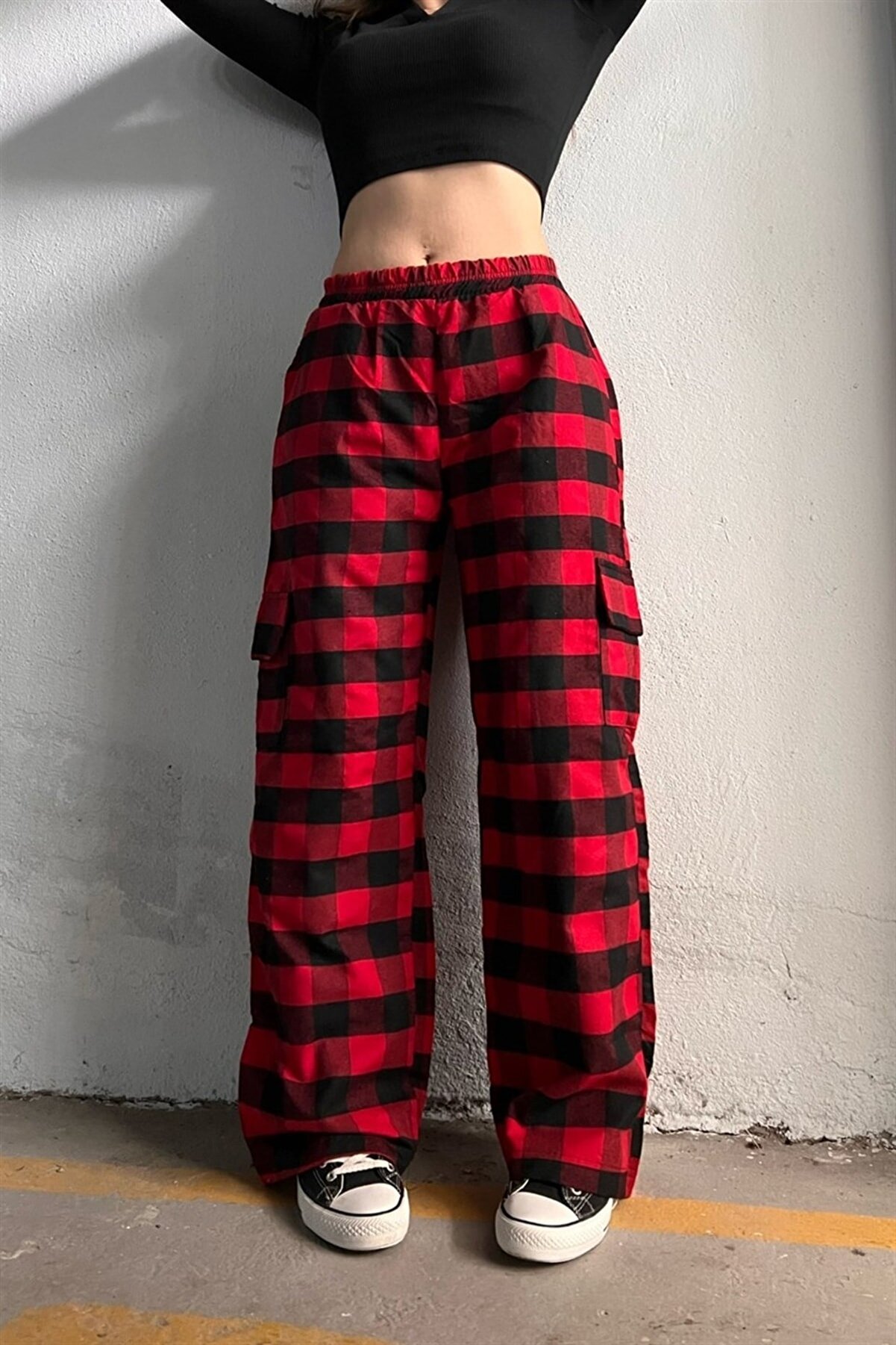 Gofeel Y2k Unisex Beli Lastikli Kırmızı Siyah Kargo Cep Detaylı Ekose Pantolon