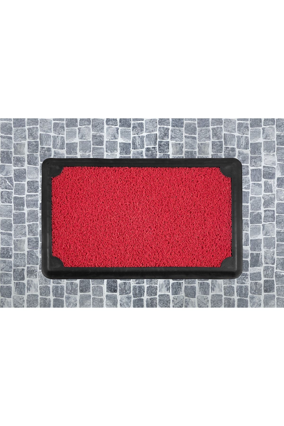 AKSEREN Kapı Önü Kırmızı Dezenfektan Havuzlu Kıvırcık Kauçuk Hijyen Paspas 45x70