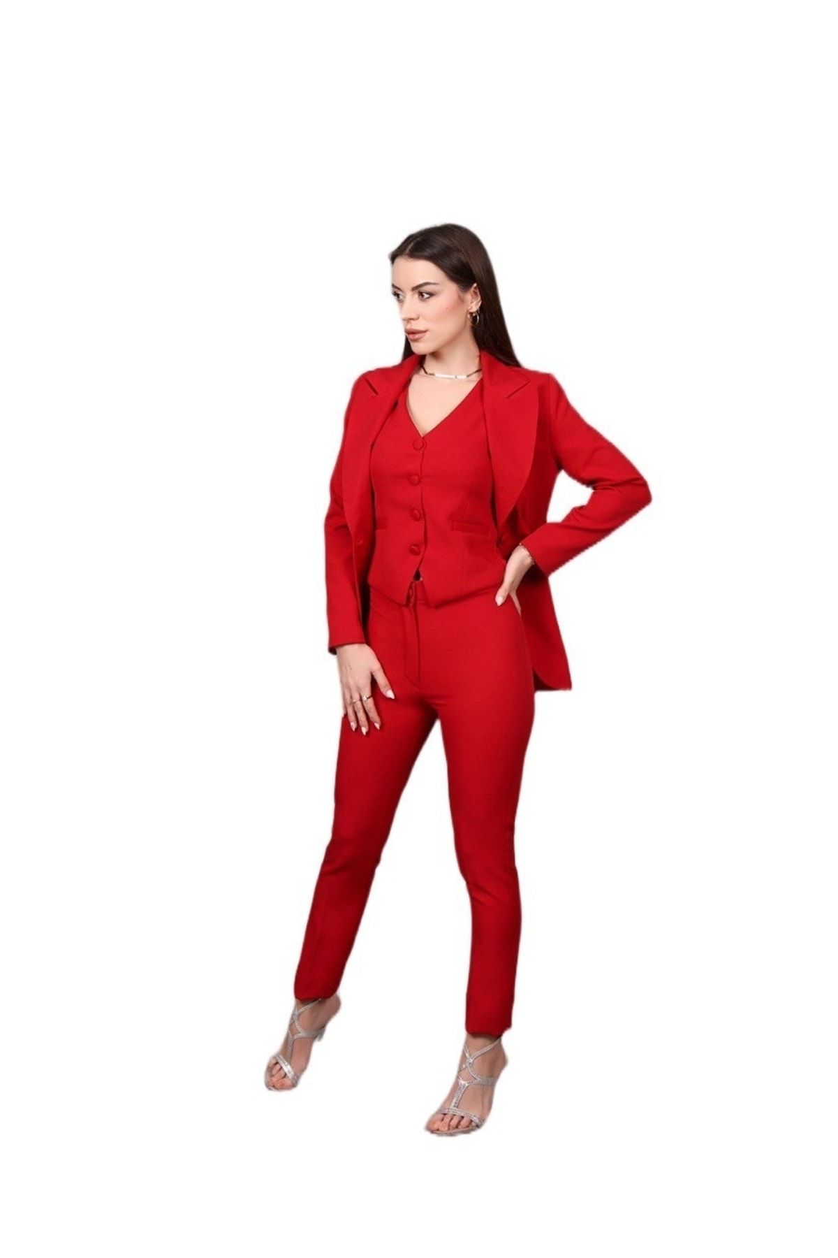Raheel Fashion Kadın Modern Kırmızı 3'lü Takım (YELEK,CEKET,PANTOLON)