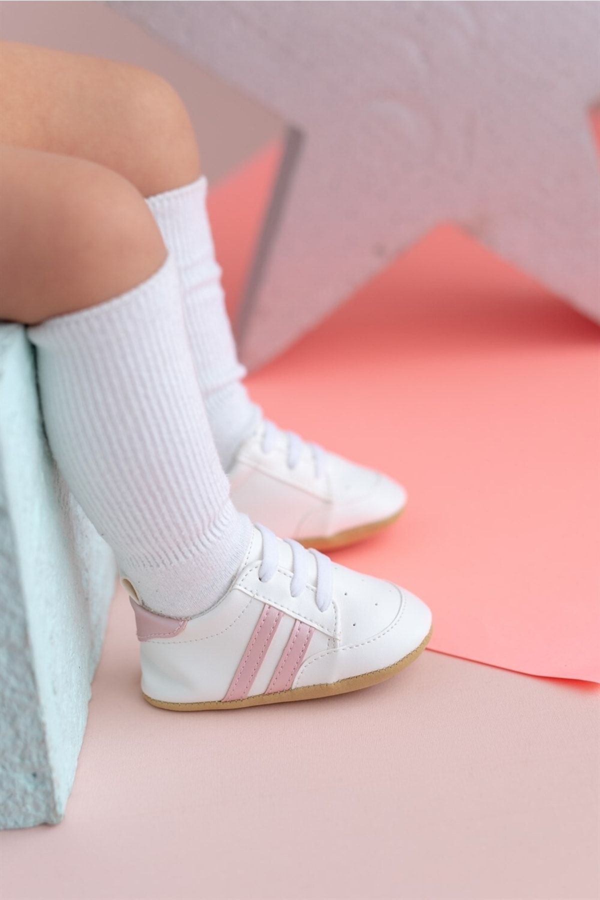 First Step Pembe Çizgili Beyaz Kız Bebek Spor Patik Ilk Adım Ayakkabısı-g-2354