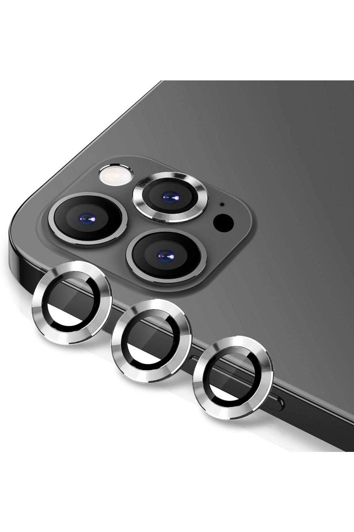 Bufalo Iphone 12 Pro Kamera Lens Koruyucu Cam Metal Kenarlı 3lü Set Silver-gri  Uyumlu
