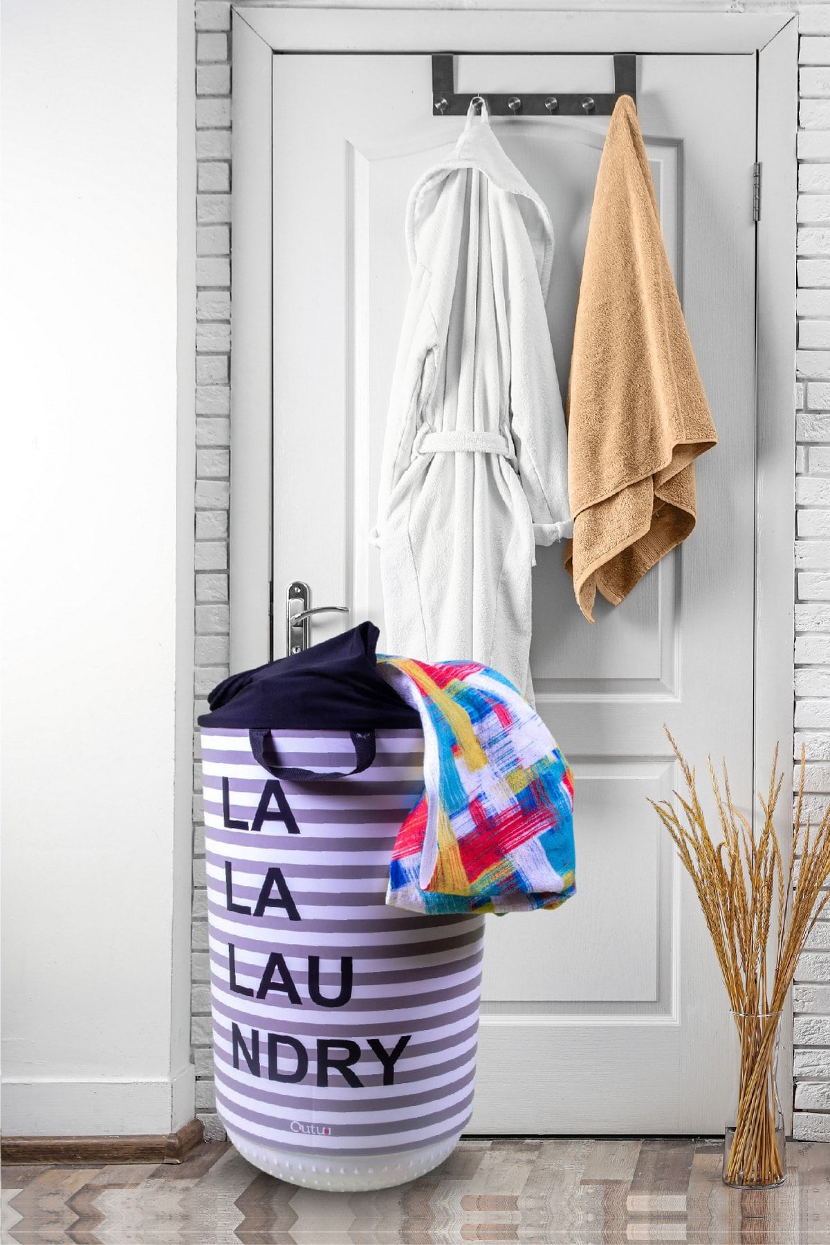 QUTU Qoja Kese 40 L La La La Laundry Desenli Çok Amaçlı Çamaşır Ve Oyuncak Sepeti