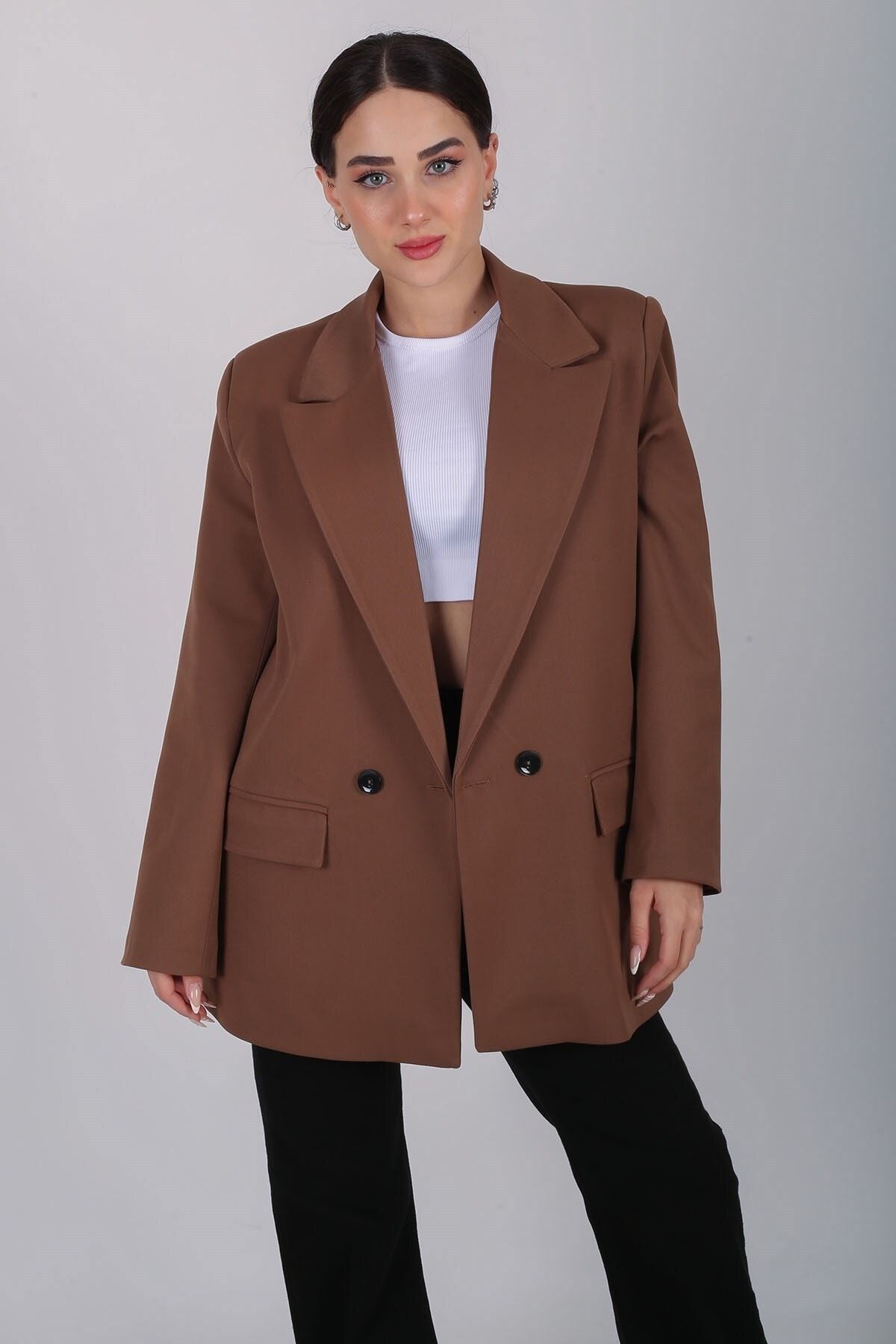 FACETTE Kadın Kahverengi Düğmeli Blazer Ceket